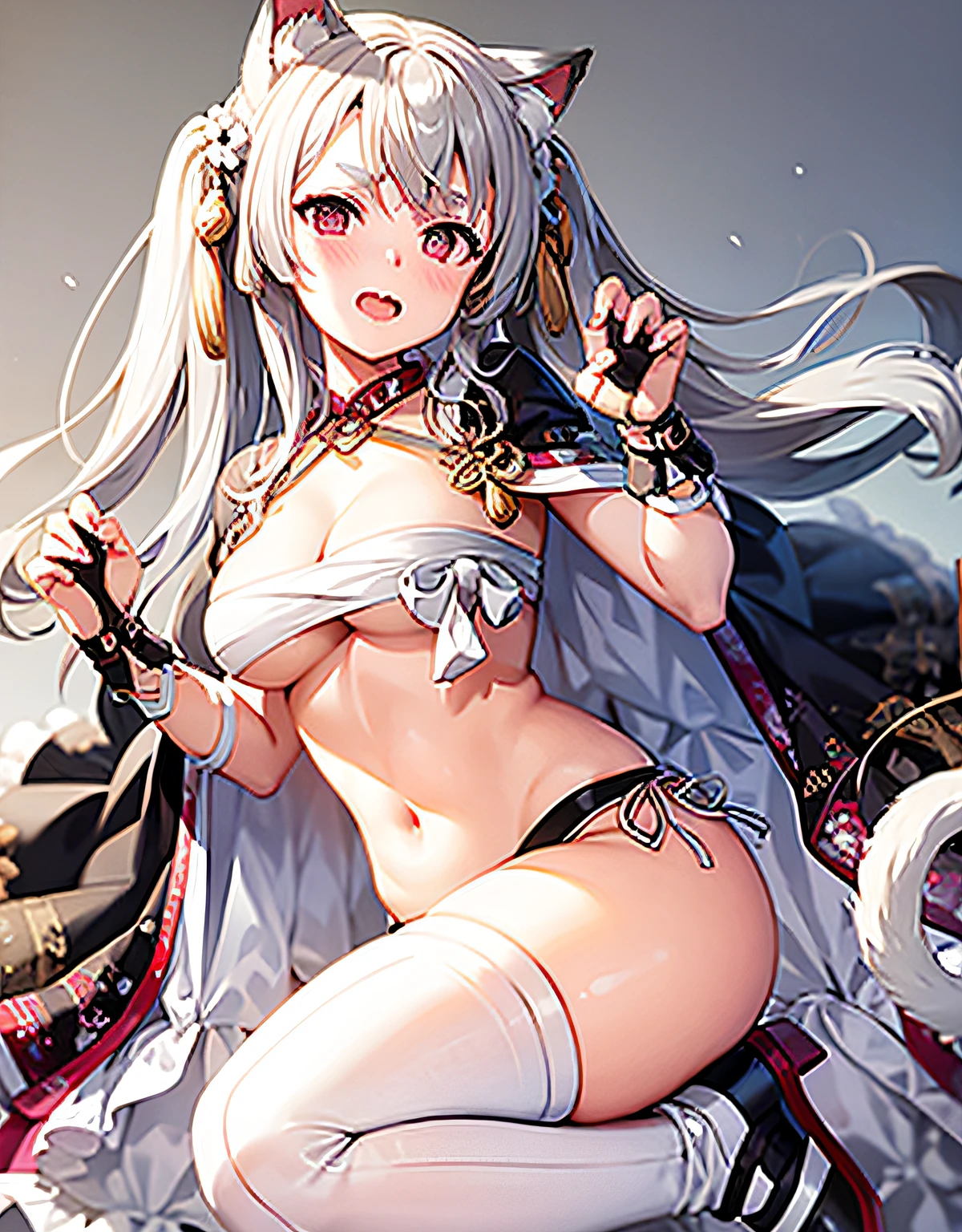 masterpiece,1girl,solo,white hair,twintail,cat ears,blush,open mouth,navel,cleavage, sarashi,paw pose,