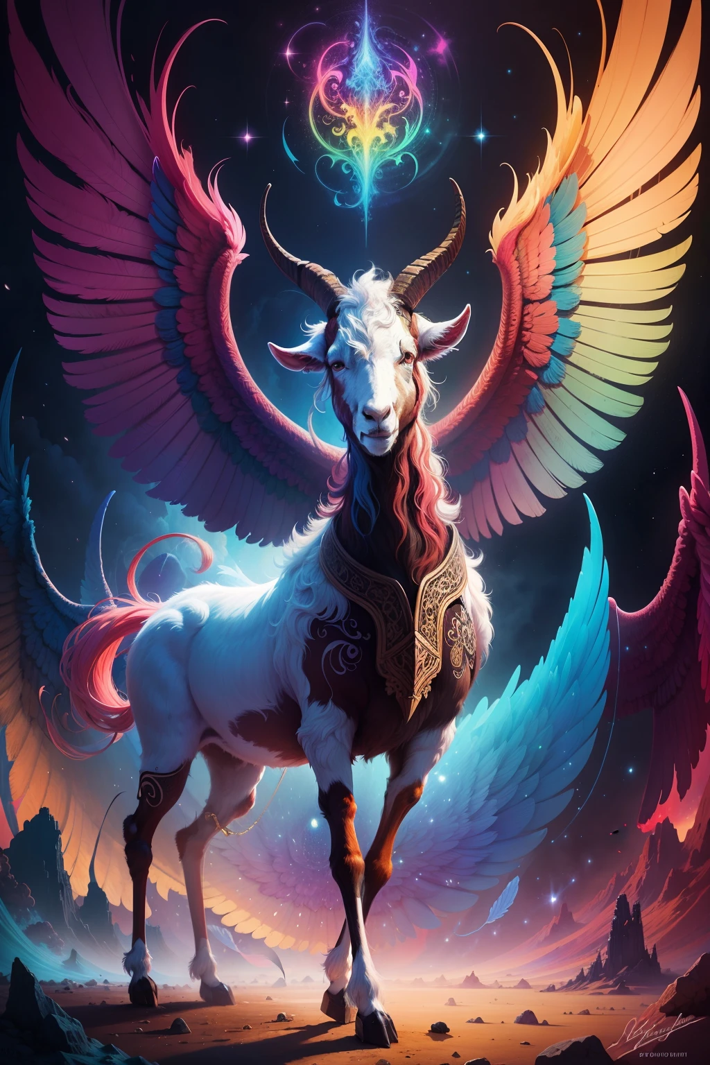 Goats with wings stand in the middle of a colorful painting,intricate digital painting, psychedelic illustrations, astral ethereal, mythological creatures,rich details