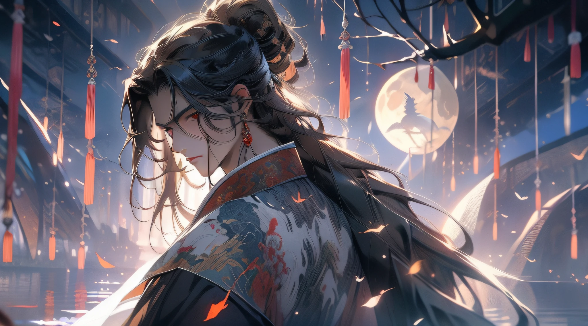 Masterpiece, Ultra HD, hdr, Excellent, En plein air, Night, full moon, lakeside, branches, 1 man, Male focus, Mature male, Chinese style, Ancient Chinese, Black hair, Red eyes, Long split ends, Long bangs, Handsome, Handsome, Masculine, gentle, Tall, calm,Behind him was a white dragon, one sword, Exquisite face display