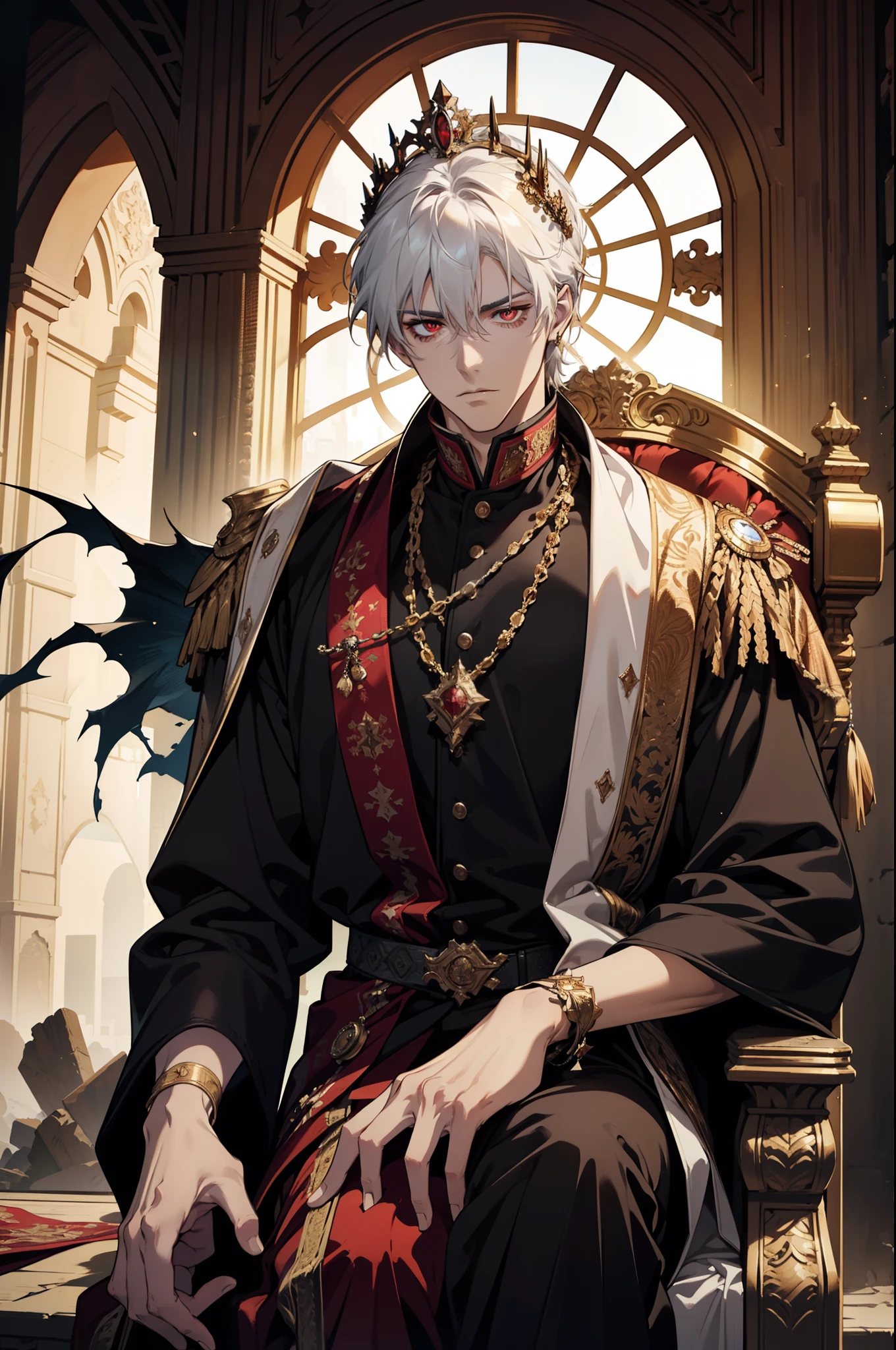 A white-haired, red-eyed prince sits on a majestic throne inside an abandoned palace with crown. The environment around him is dark and gloomy, with cracks in the walls and cobwebs hanging there. The throne is ornate, with details in gold and precious stones, and is covered by a dusty cloth. The protagonist is wearing royal clothing, with a determined expression on his face, as he stares at the horizon with glowing red eyes, masterpiece, best quality, ultra-detailed, illustration, 8k resolution concept art, fantasy art, epic art, concept art wallpaper 4k, deep color, natural lighting. adult, handsome, tall muscular guy, broad shoulders