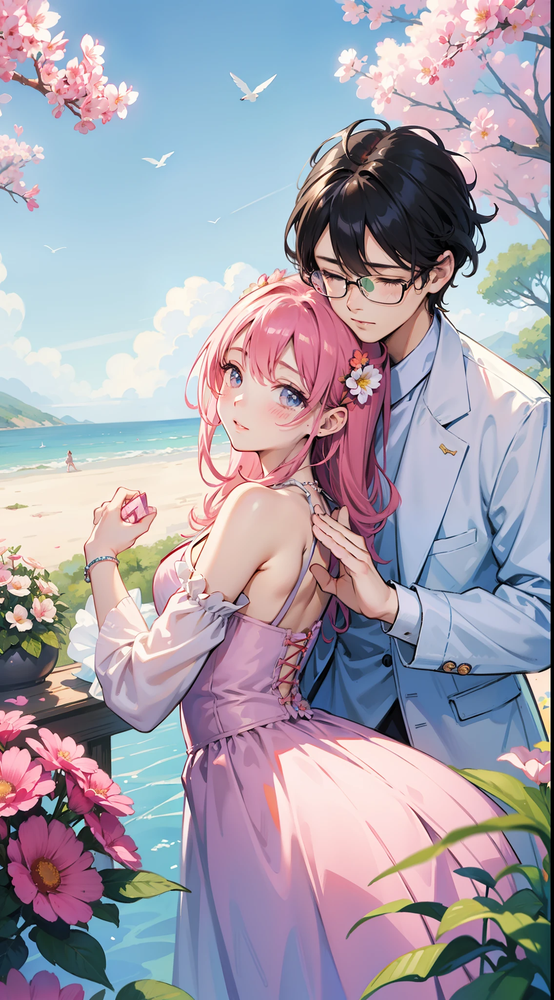 Valentine's Day illustration,Sweet couple,full bodyesbian,fanciful,take hand,flower sea,Memphis color scheme,imagination、dream、Jumpy、Delicate、feels,atmosphere,Buble,in a panoramic view,