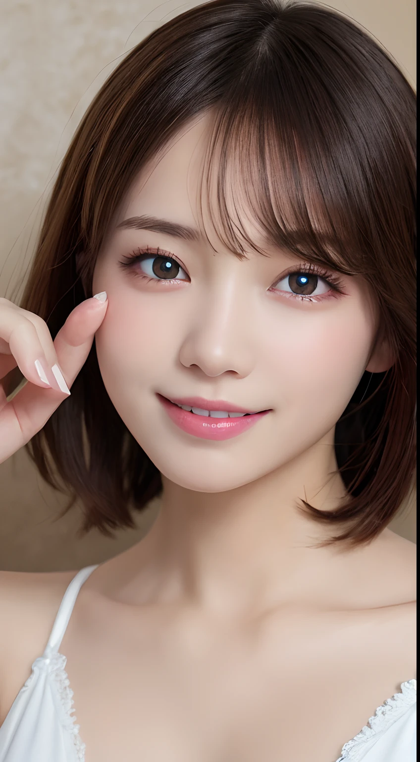 masutepiece, Best Quality, Illustration, Ultra-detailed, finely detail, hight resolution, 8K Wallpaper, Perfect dynamic composition, Beautiful detailed eyes, white swimwear,Short Hair, Natural Color Lip,Smile, 20 years girl