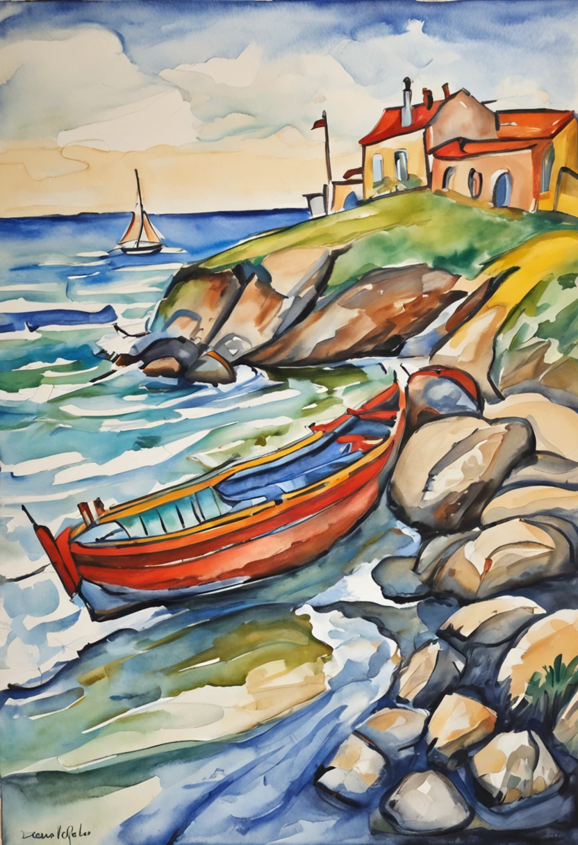 an oil painting of a beached, in the style of erich heckel, contour line, Børge Bredenbekk, raoul dufy, bentwood, pont-aven school, agfa vista