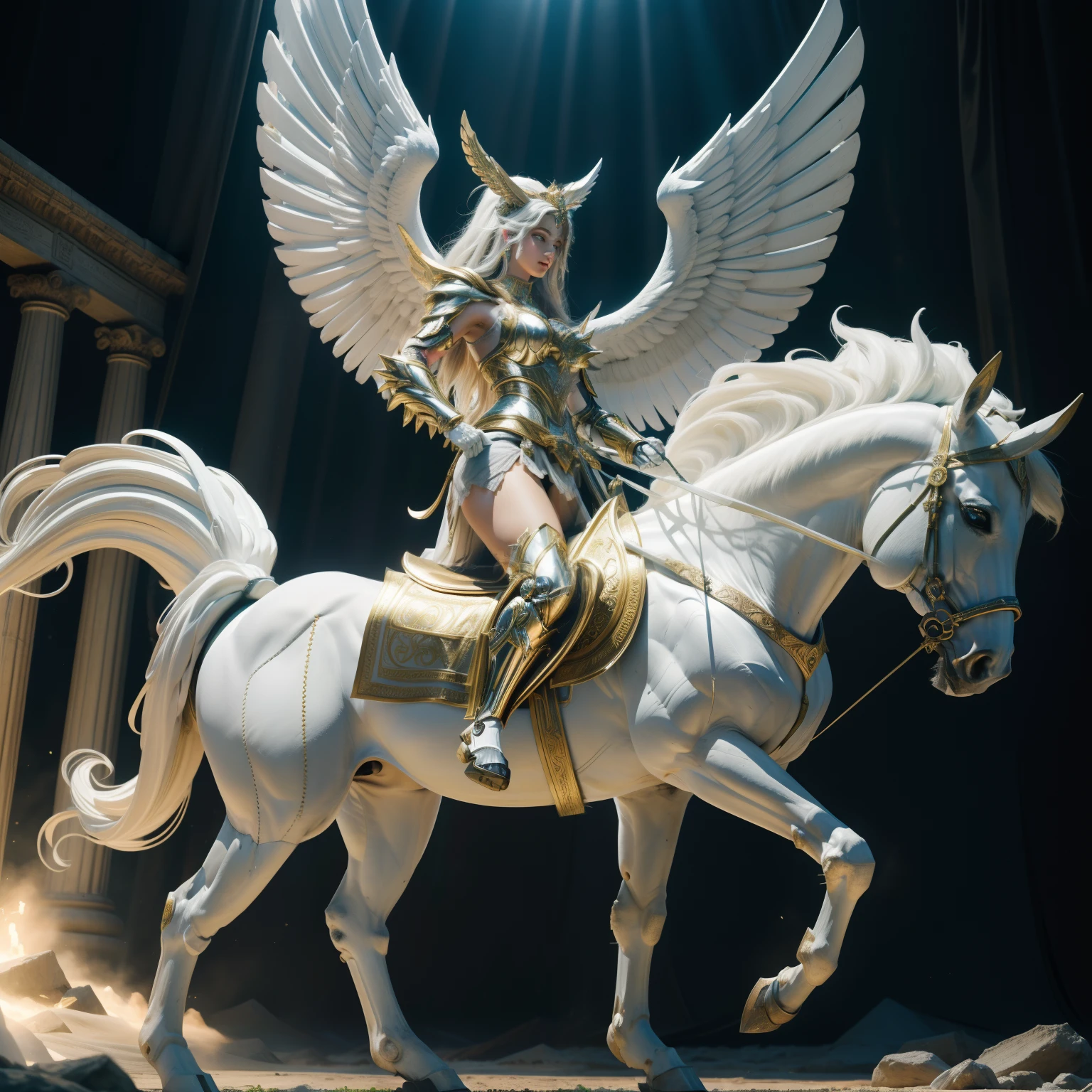 ( melhor qualidade ), ( Ultra HD |  ), ( qualidade 8k ), ( detalhes perfeitos ), ( Anatomia perfeita dos personagens ), ( perfect  lighting ), Mulher linda da mitologia grega com arco e flecha, mulher montada em um cavalo branco pegasus, dressed in sensual cloth costume from ancient Greece