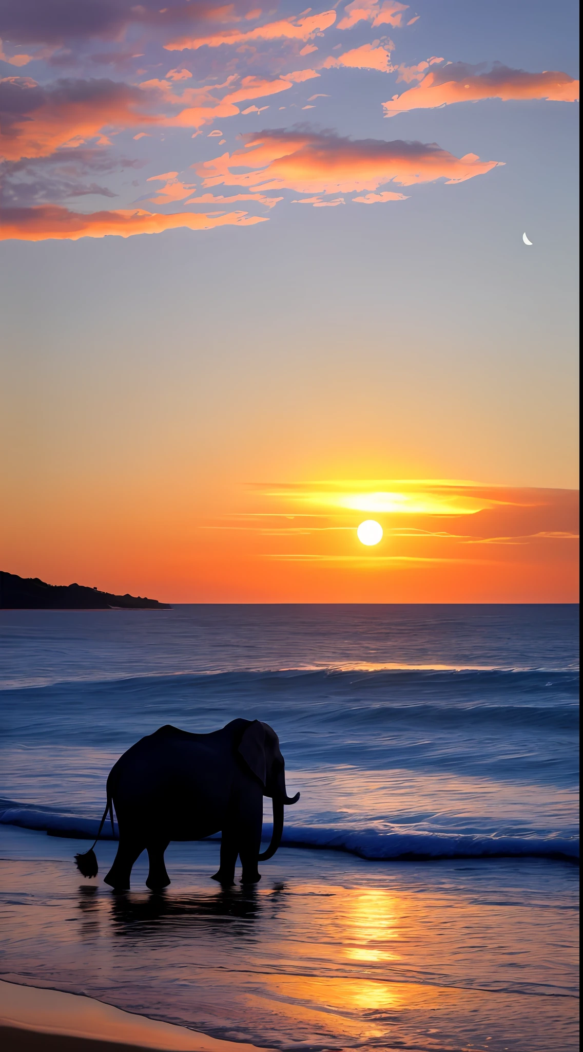 Beauty by the sea,There is an elephant next to it,Sunset and moon