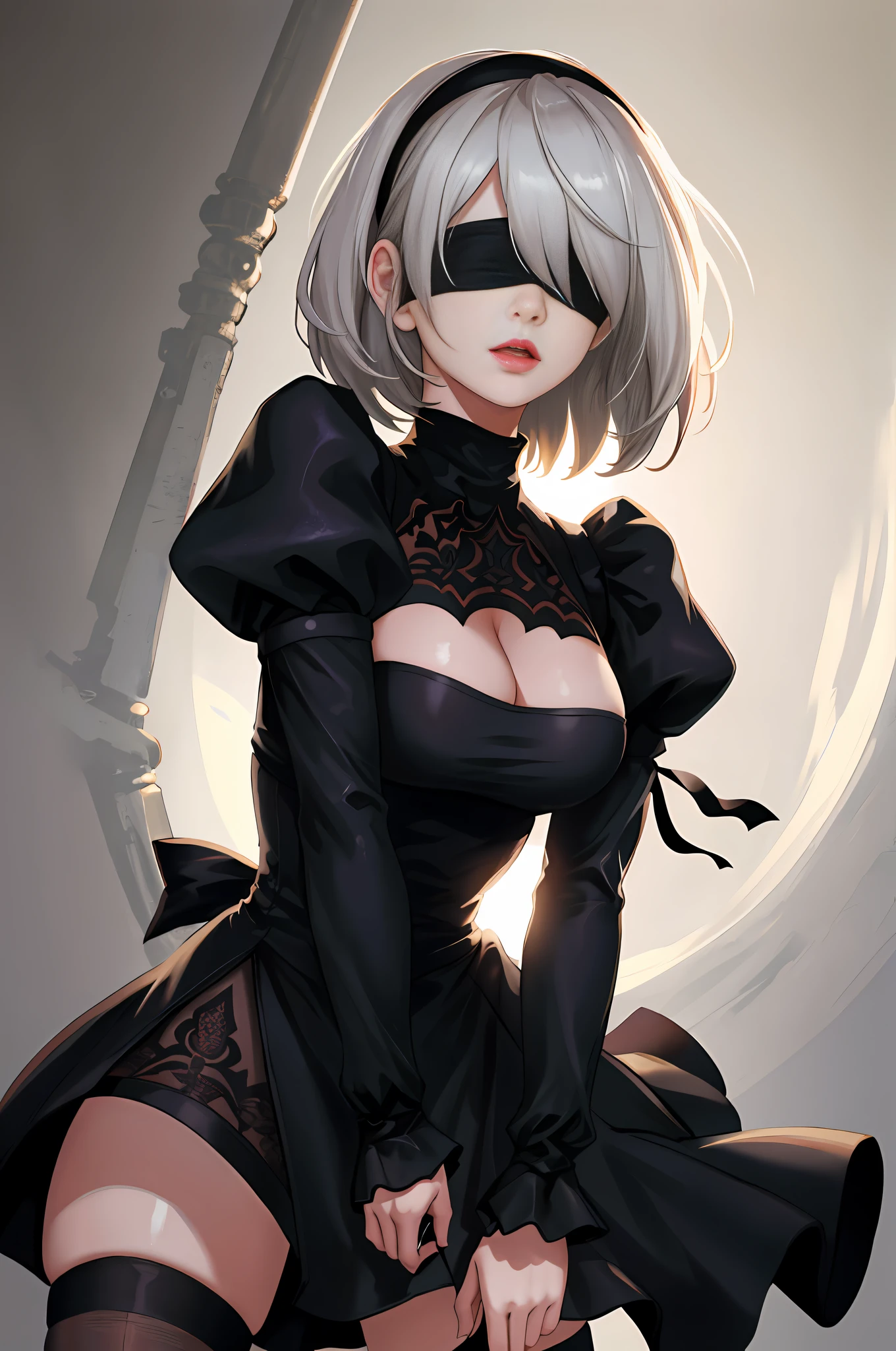 Yorha2b, masterpiece, (photorealistic: 1.4), top quality, beautiful lighting, 1 girl, mother, (blindfolded)), breasts, cleavage, hair band, hi-res, juliet sleeves, long sleeves, nier automata, red lips (puffy sleeves), shading face, short hair, solo, turtleneck, upper body, gray hair, Sky RAW Photography, 8K UHD, Film Grain