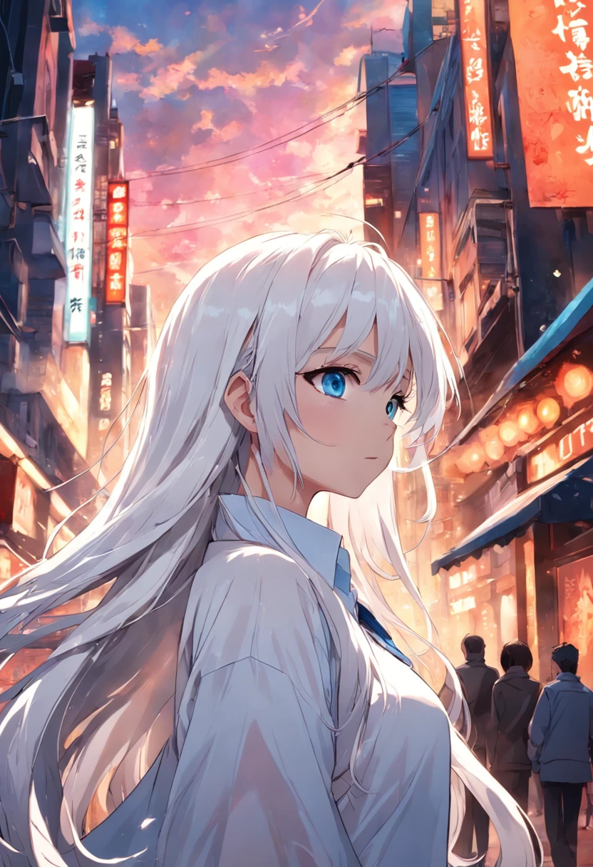 female, white long hair, blue eye, white shirt