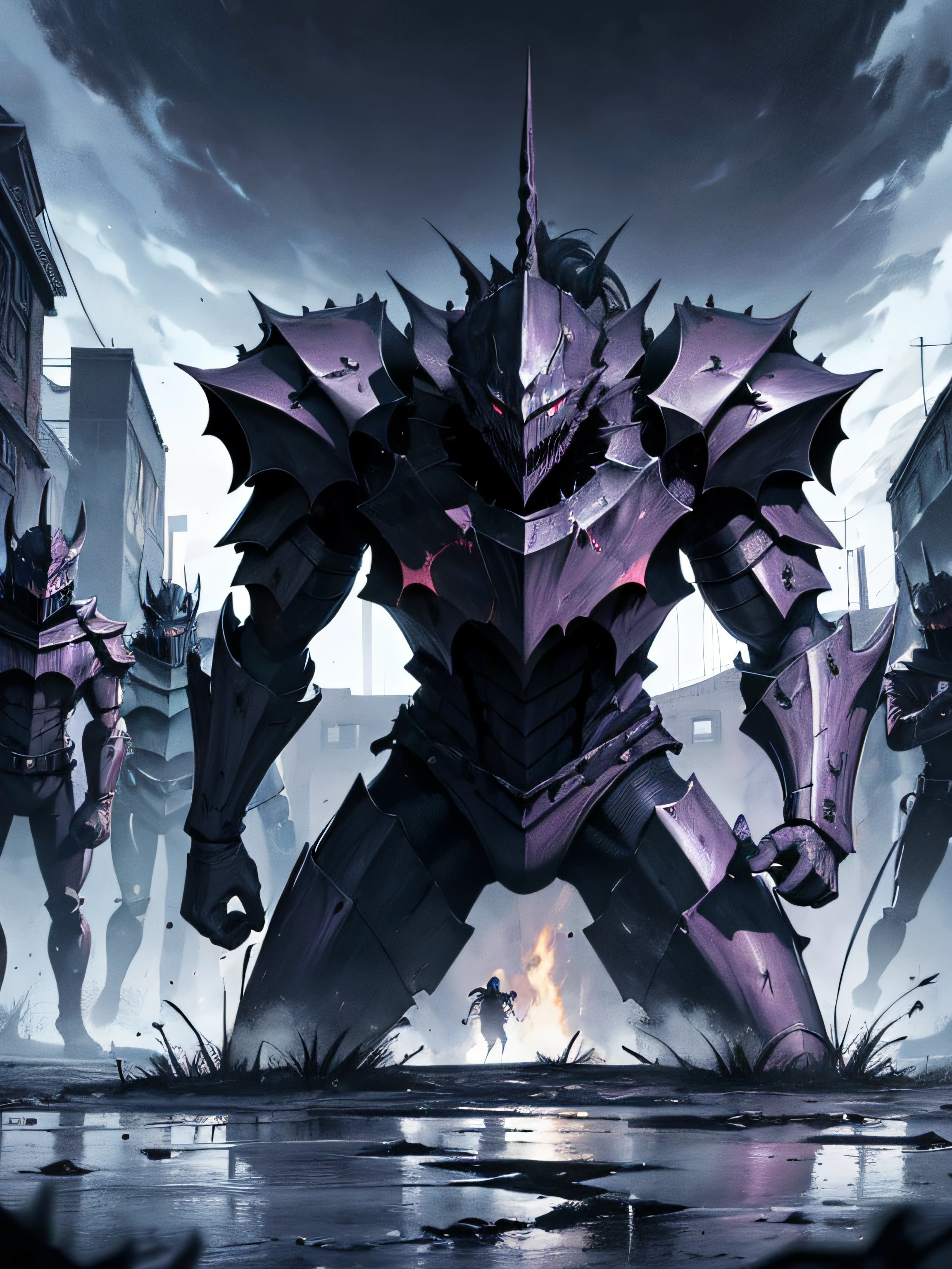 Front look at 7 knights starring at a demonic monster scared of it and getting ready to fight, A close up shot of nonhuman footsteps in the mud in the middle of the night , as manga comic panel, manga drawing, manga shading, 4k, horror drawing