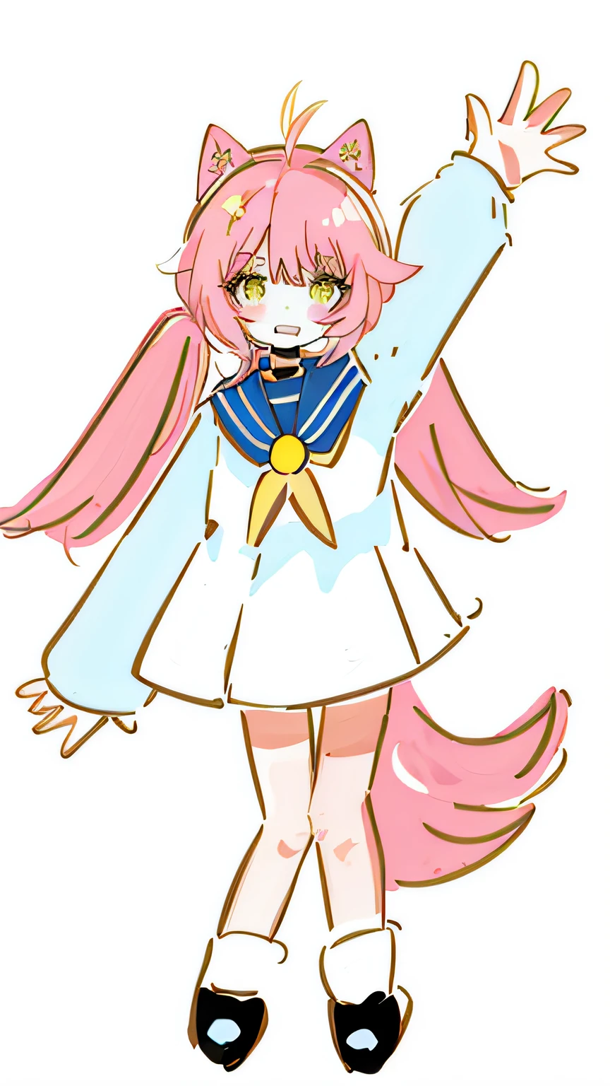 A cartoon girl in a sailor's costume waving her arms, pink twintail hair and cyan eyes, humanoid pink female squid girl, madoka kaname, double tails, style of magical girl, cute anime catgirl, Holo is a wolf girl, shirabii, inspired by Matsumura Goshun, star guardian inspired, nyaruko-san