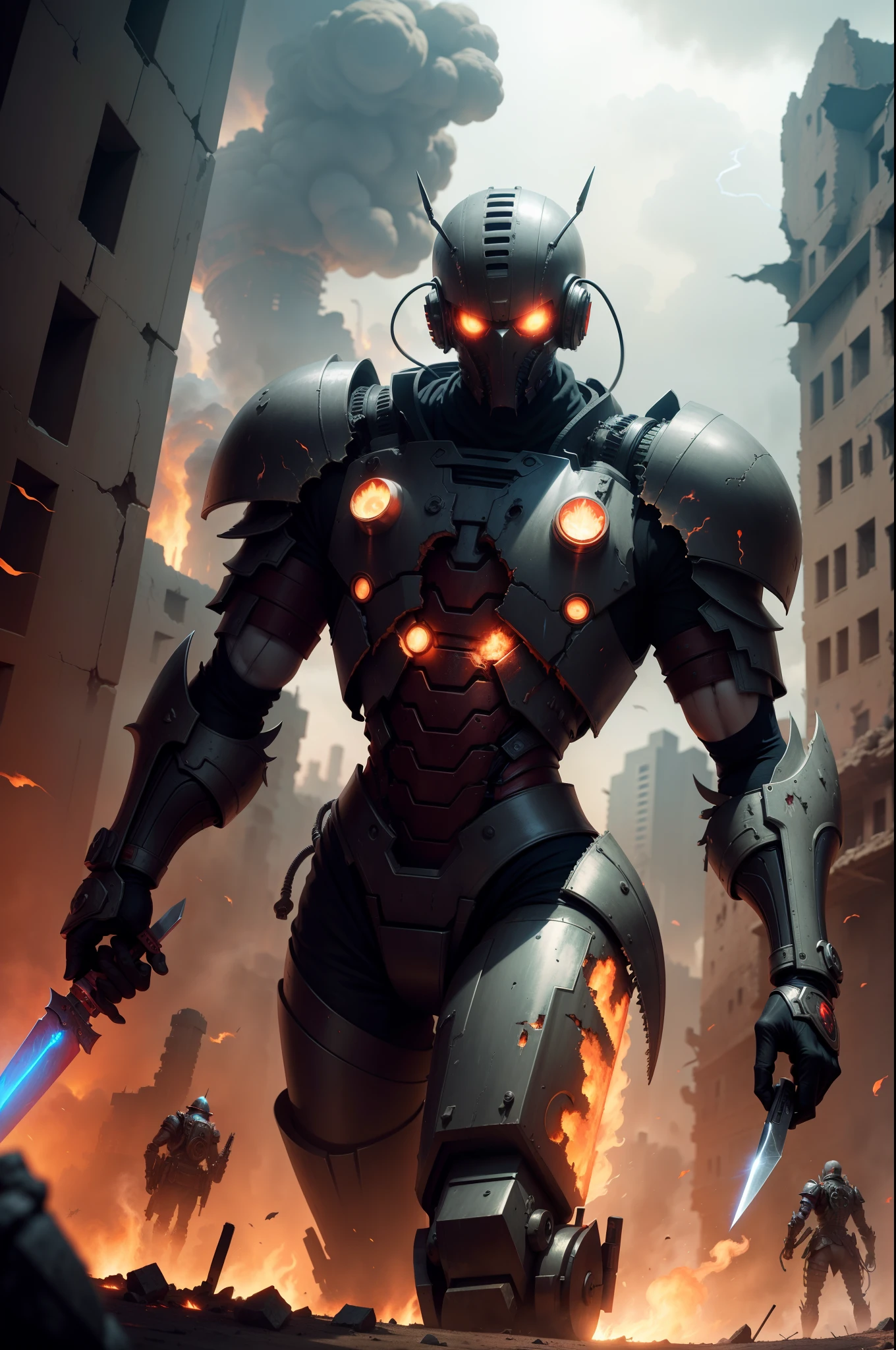 The ruined city is full of flames and smoke, and the cybermechanical body holds a long knife to resist the invasion of lobster mutants