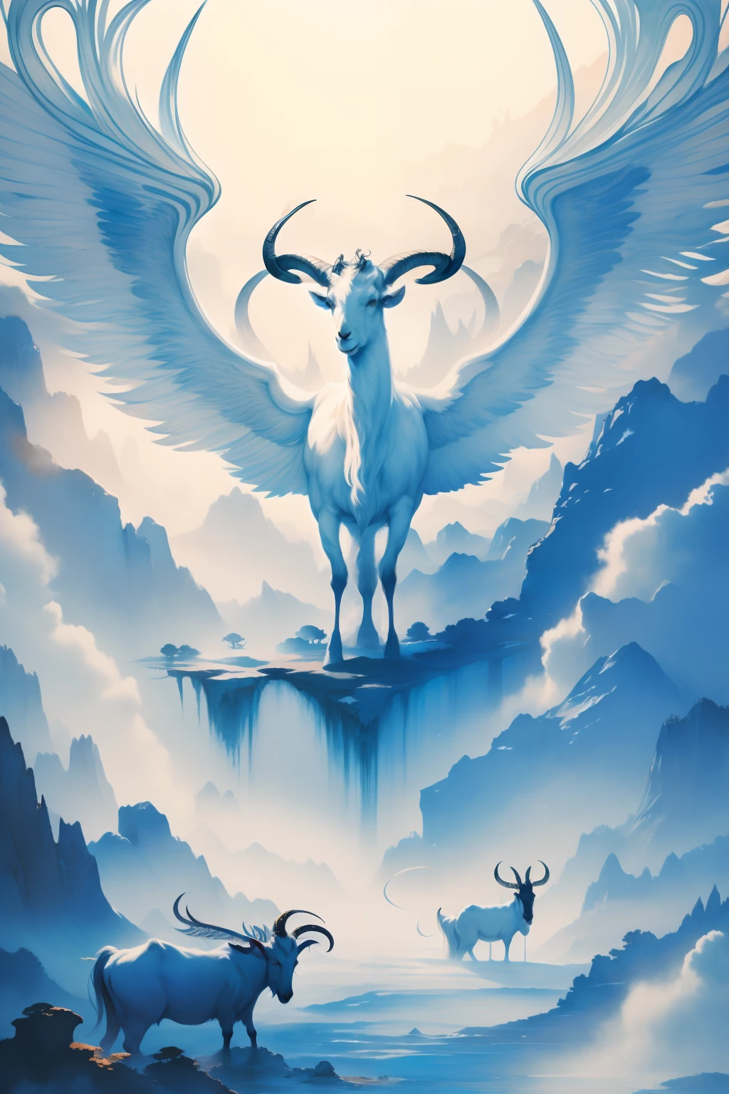 Goats with wings stand in the middle of an ink painting,Complex ink paintings, psychedelic illustrations, astral ethereal, mythological creatures,rich details,Very long horns