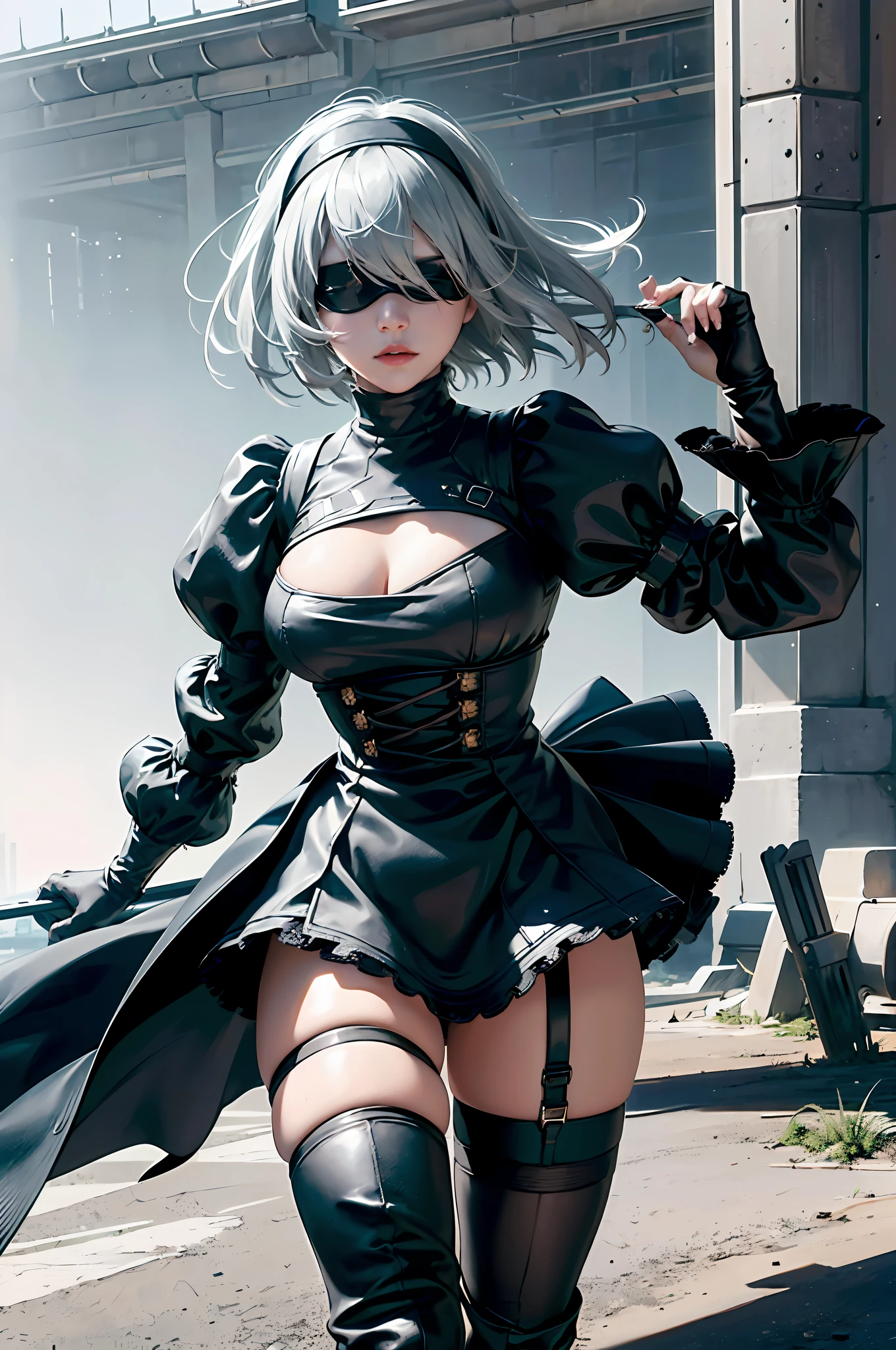 1 girl, solo, ((yorha_no._2_type_b)), (black blindfold), realistic, , ((silver hair)), ((masterpiece)), gothic ta fashion, Knee-high boots, apocalyptic ruin in the background, fighting stance, dynamic motion, motion lines, dynamic angle, battle, wind, fighting, holding long Japanese katana in right hand,