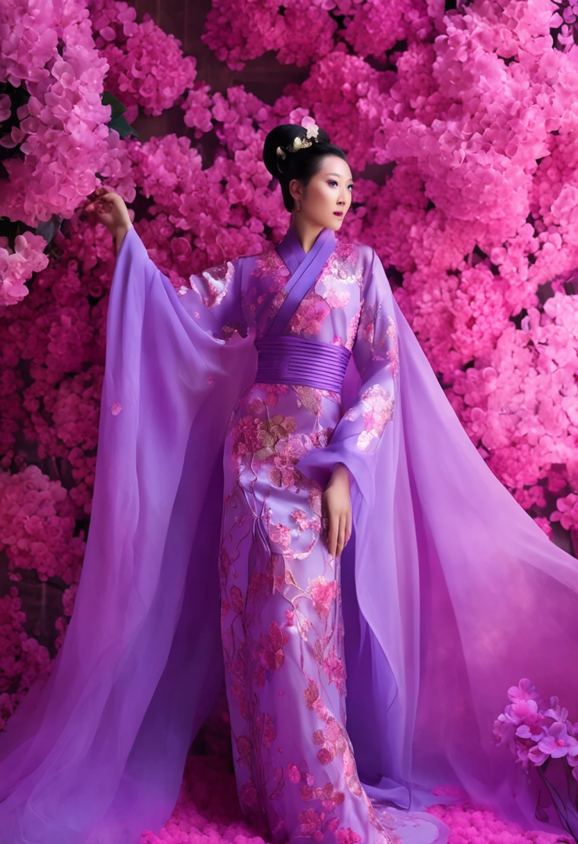 Ancient Chinese beauty in a sea of flowers，Wearing purple clothing，Flowing tulle，Light silk，hydrangeas，Sea of hydrangeas，high qulity