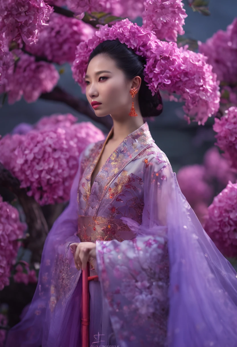 Ancient Chinese beauty in a sea of flowers，Wearing purple clothing，Flowing tulle，Light silk，hydrangeas，Sea of hydrangeas，high qulity