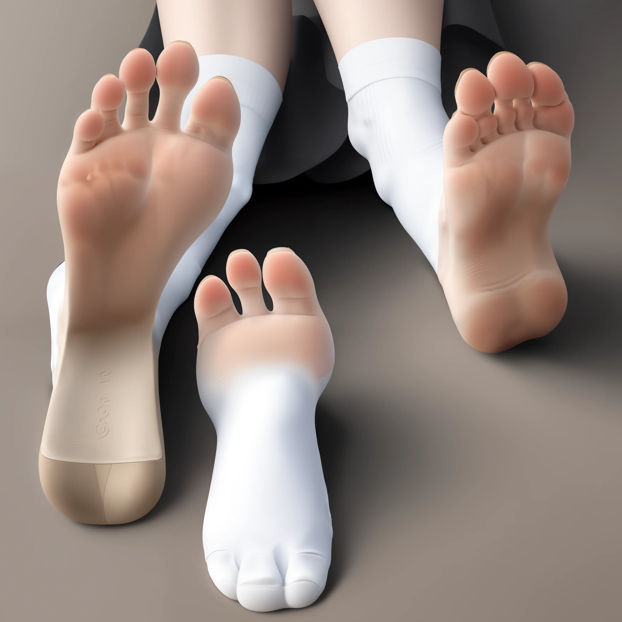 The soles of the feet of the girl wearing white socks