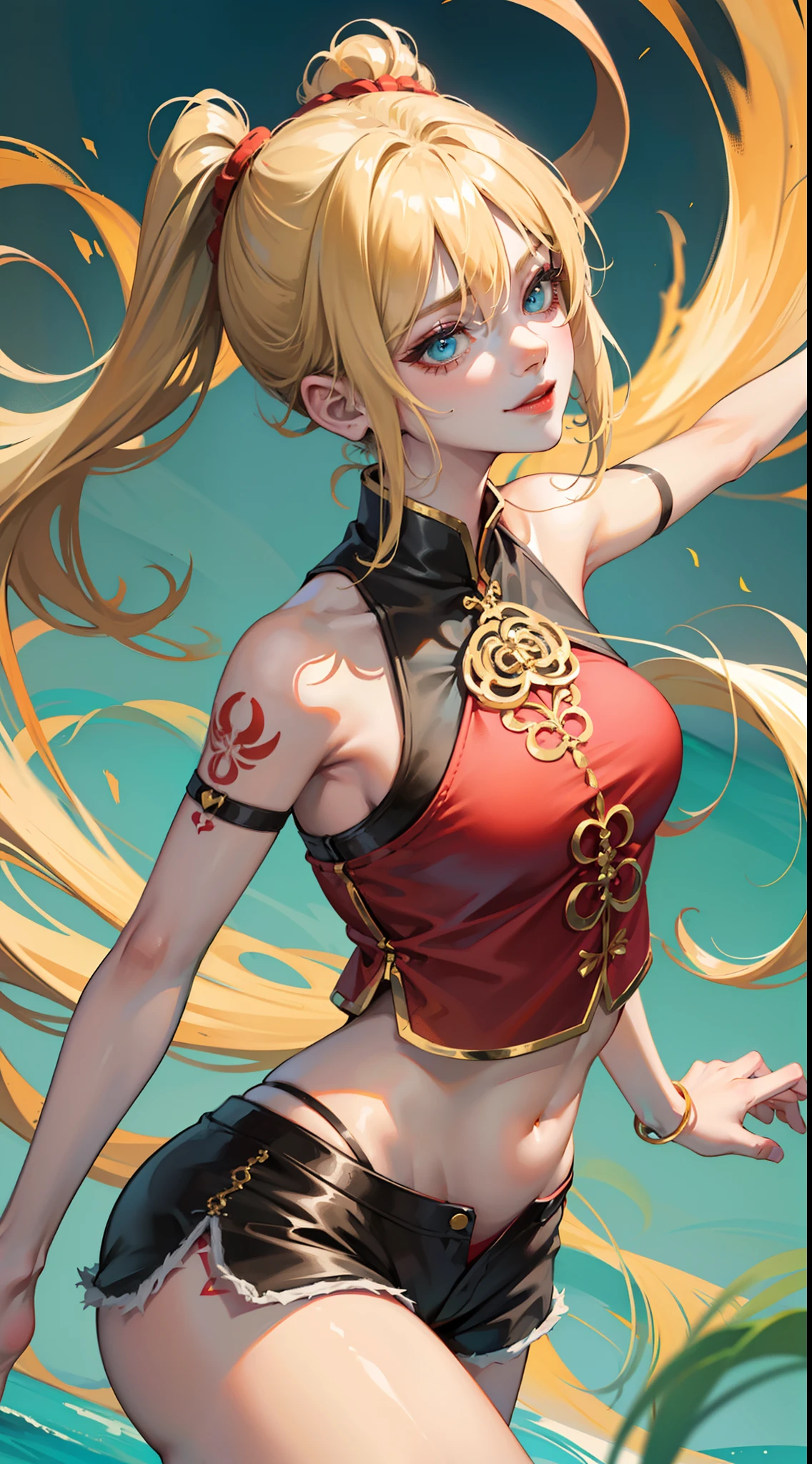 young girl, longue blonde hair, Cyan eyes, Tatoo, smirk, Red Chinese Top, Sleeveless, neckline on the chest, open breasts, Gold Elements, Shorts, tmasterpiece, hiquality