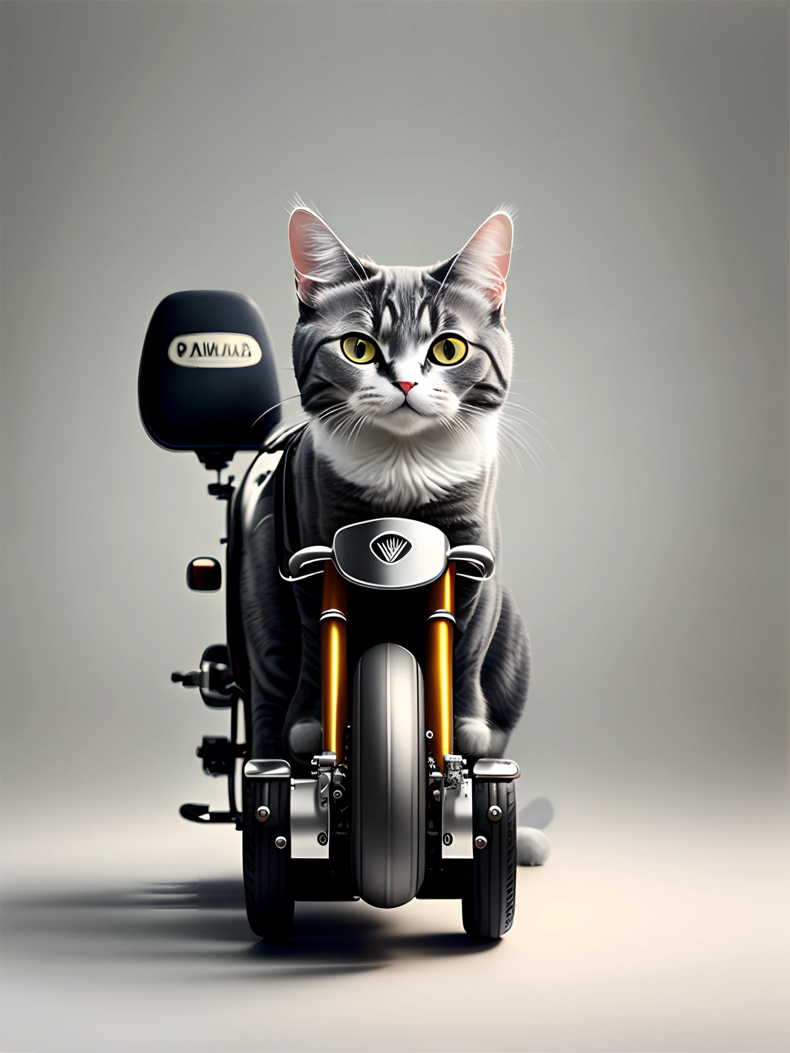 A cute gray cat on a white background sits on a Yamaha imitation heavy machine,Head tilted while looking at the camera