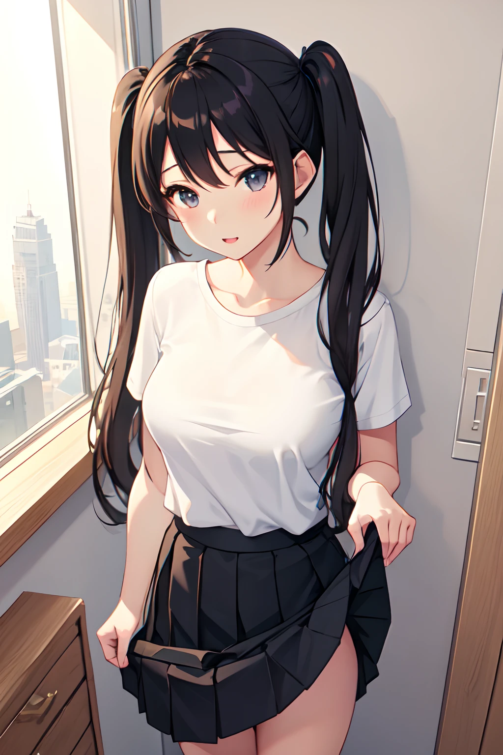 1girl, pov, from above, standing, casual clothes, twintails, t-shirt, skirt, (skirt lifted), bedroom, wall, window, wide angle