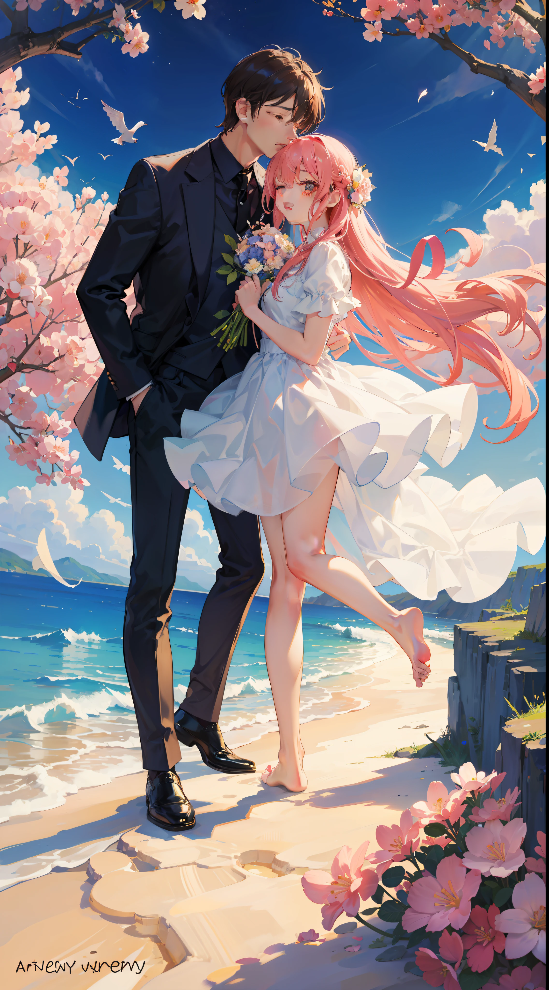 Valentine's Day illustration,Sweet couple,full bodyesbian,fanciful,take hand,flower sea,Memphis color scheme,imagination、dream、Jumpy、Delicate、feels,atmosphere,Buble,in a panoramic view,