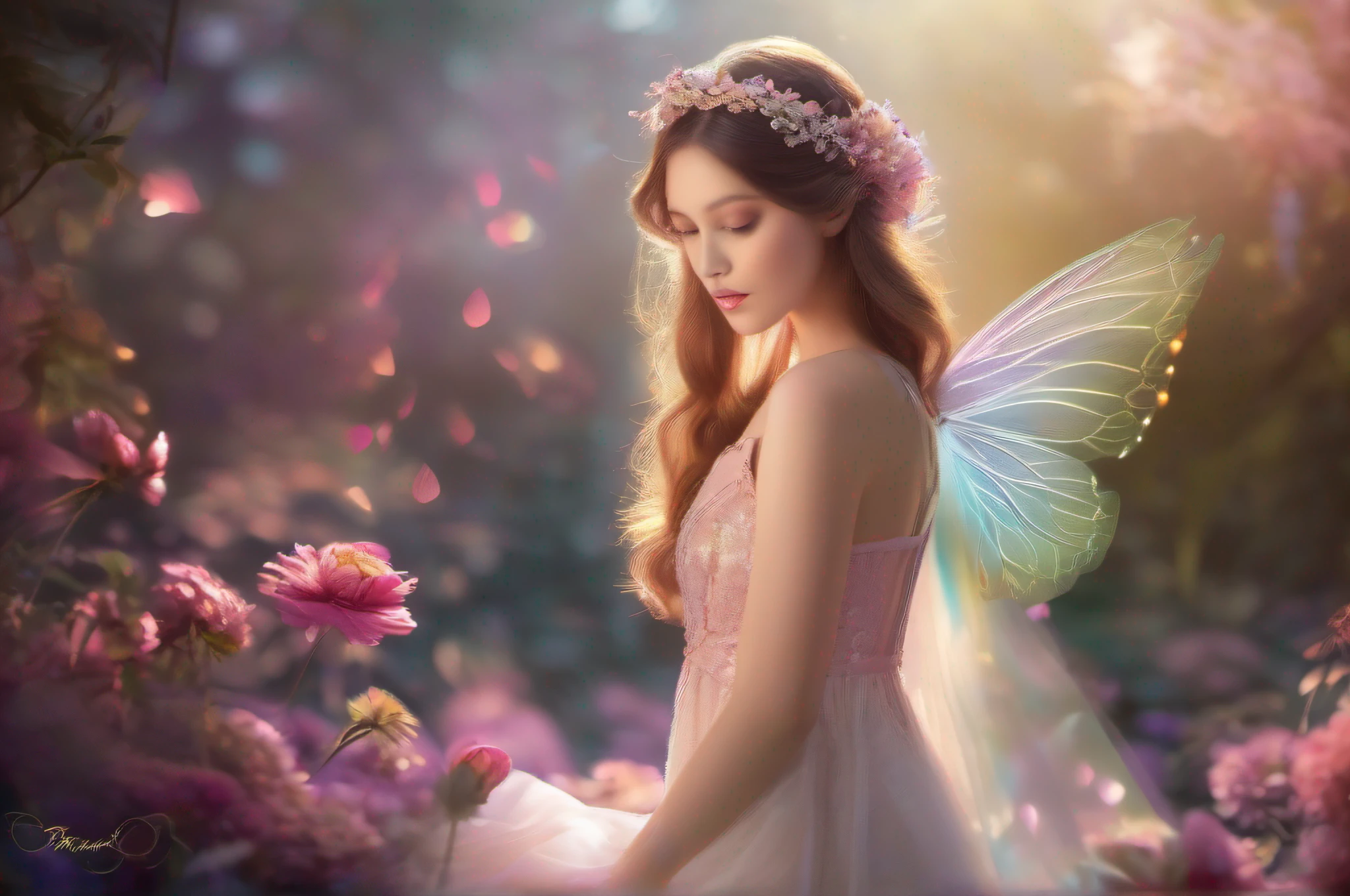 "Envision a mesmerizing portrayal of a captivating 'Flower Fairy'. Showcased with sublime beauty, this masterpiece exudes an ethereal aura. Bring forth intricate details and vibrant colors in a magical atmosphere. Emphasize the delicate features, graceful movements, and enchanting presence of the fairy. Surround her with a blossoming garden, where petals sway in the gentle breeze. Amplify the sense of wonder with soft, dream-like lighting and subtle bokeh effects. Let the fairy's wings shimmer with iridescent tones, radiating a sense of purity and grace. Create a scene that transports viewers to a realm of imagination and serenity."