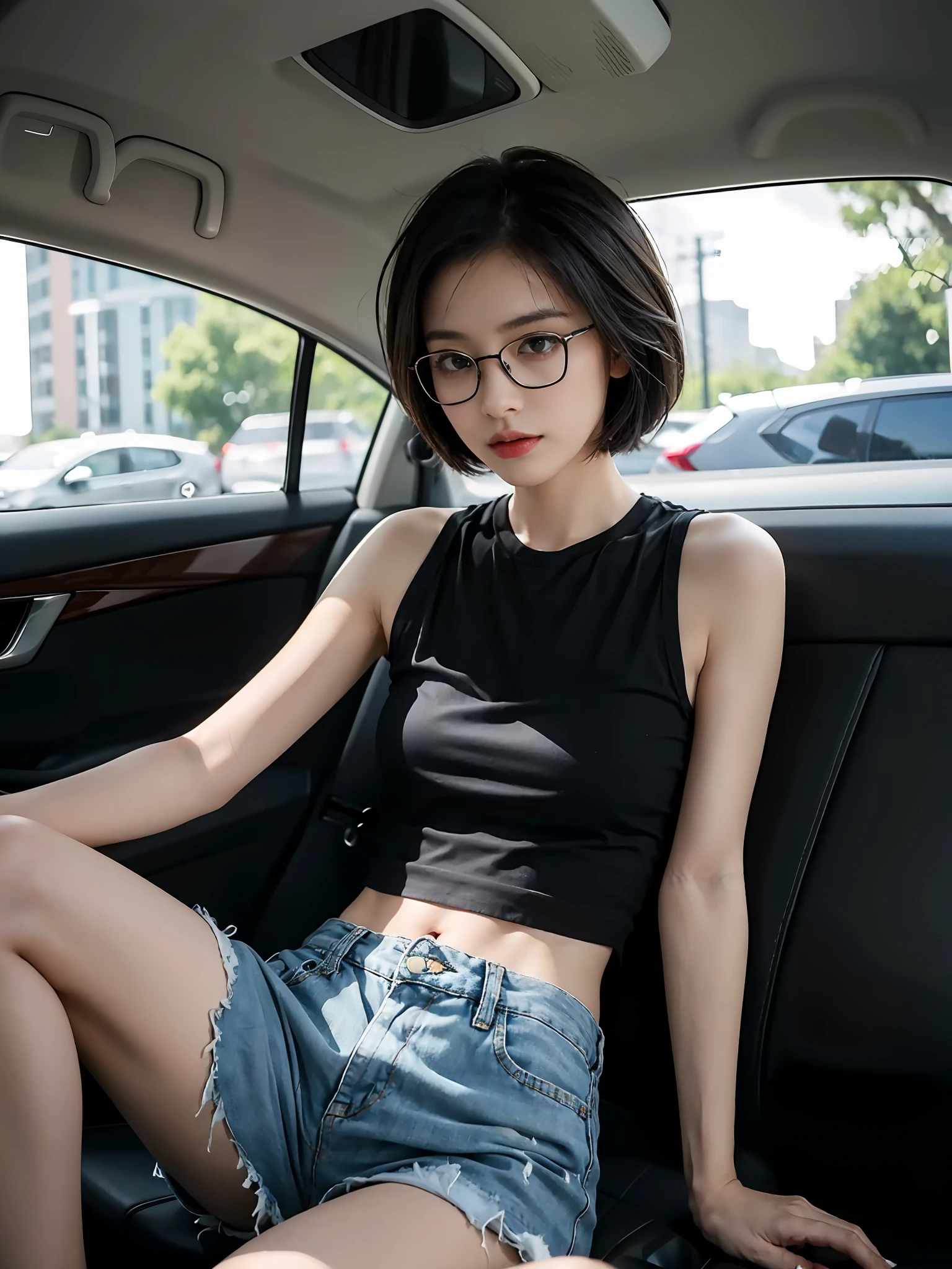 ((smallunderboob,Tomboyish,small heads)), (Well-defined abs: 1.1), (perfect bodies: 1.1), (short-length straighthair: 1.2), Black hair, fully body photo, nabel，White sneakers，（极其细致的CG 8k壁纸），（Extremely refined and beautiful），（tmasterpiece），（best qualtiy：1.0），（超A high resolution：1.0），beautiful light up，Perfect lightning，realistic shaded，[A high resolution]，Delicate skin，ultra - detailed ，Wear a black short-sleeved T-shirt，denim short，Fair and slender legs，Female driver，In a private car，Place your hands on the steering wheel，driving car，flatchest，Slim，emaciated，Wearing glasses