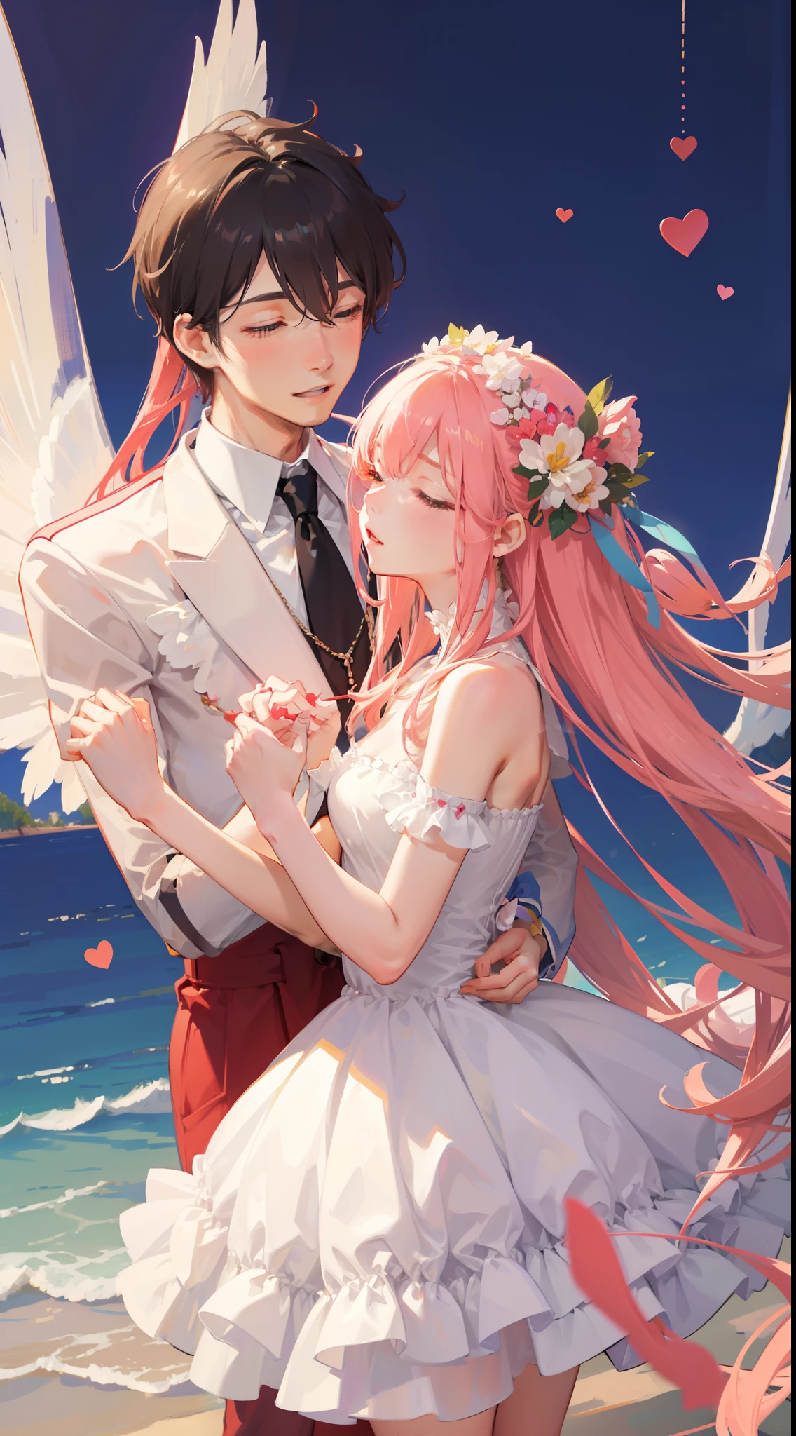 Valentine's Day illustration,Sweet couple,full bodyesbian,fanciful,take hand,flower sea,Memphis color scheme,imagination、dream、Jumpy、Delicate、feels,atmosphere,Buble,in a panoramic view,