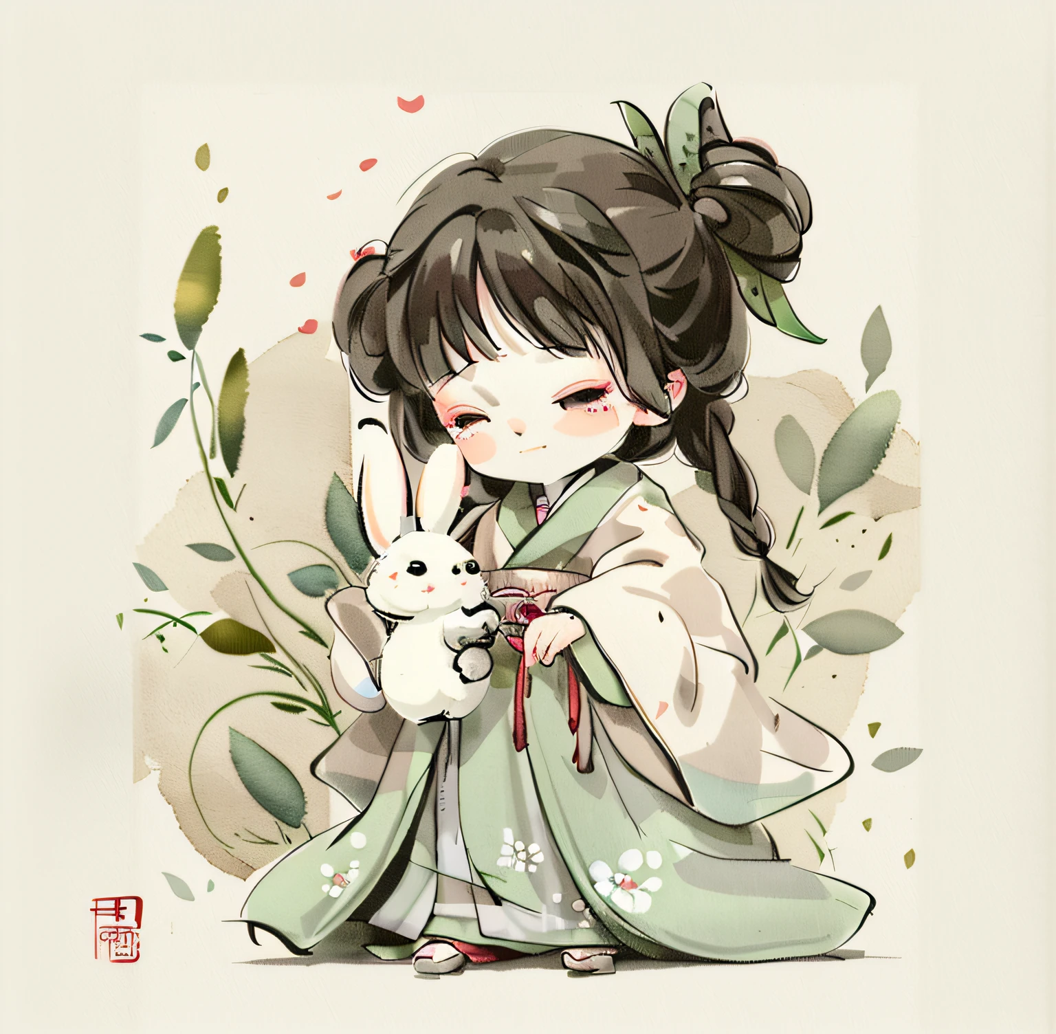 There is a girl in a kimono skirt holding a rabbit, lovely art style, adorable digital art, lovely digital painting, Soft anime illustration, cute illustration, Palace , A girl in Hanfu, By Ni Duan, Cute detailed digital art, Guviz-style artwork, Guweiz in Pixiv ArtStation, A beautiful artwork illustration, cute artwork