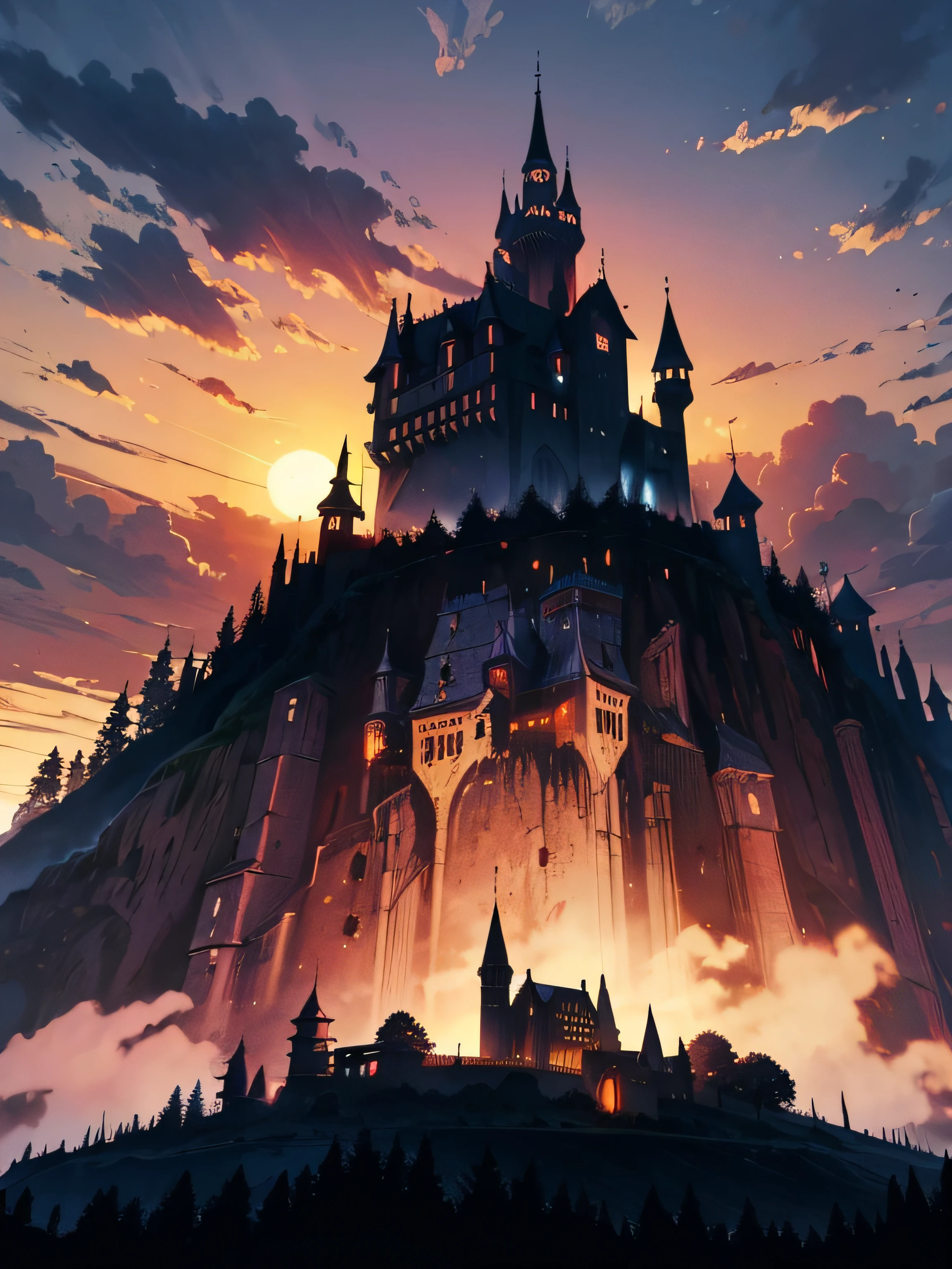 A dark castle on a hill as the sun starts to go down behind the castle, as manga comic panel, manga drawing, manga shading, 4k, horror drawing