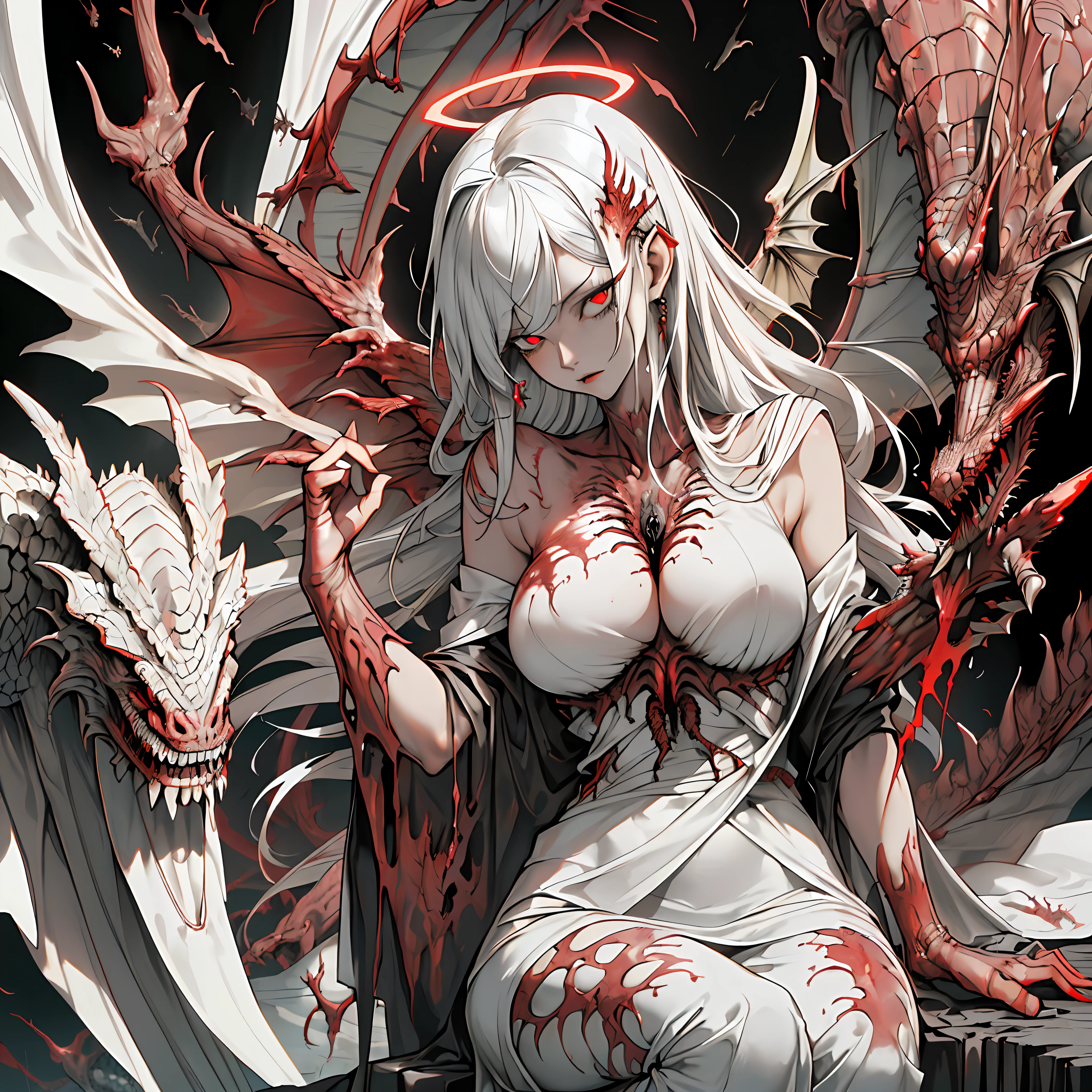 (masterpiece, best quality), 1lady, solo, (white Scales, scaly body), halo, wings,fallen angel, black hair, loose waves, red eyes, (dragon, art by hermann nitsch, zdzislaw beksinski, dariusz zawadzki, giger), 4k, detailed background, biolumious elements, glow