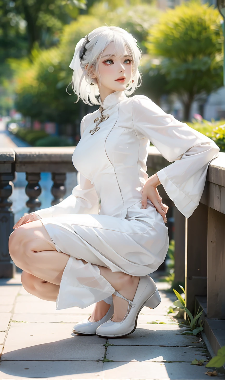 Close-up of a woman with white hair，period costume，white dresses，（（High heels in the city）），（full bodyesbian），（（（sitted））），8K quality