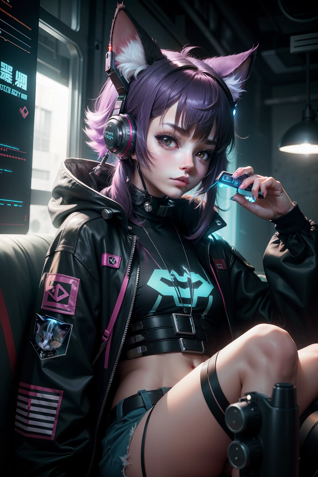 Furry cat-eared teenager,cyber punk style,Prosthetic devices,light pollution。