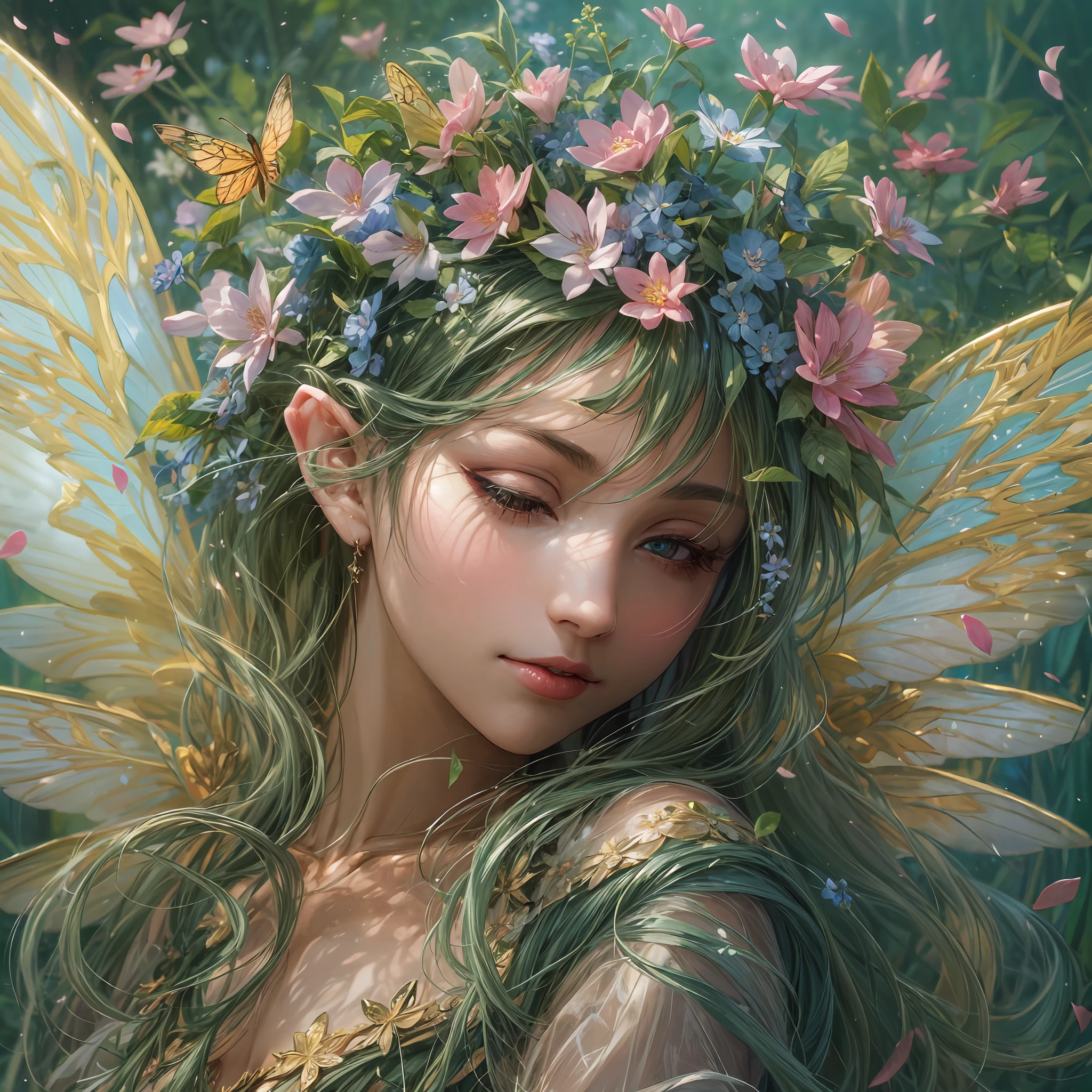 (portrait),The elf, adorned with intricate, iridescent wings resembling those of a butterfly or dragonfly, stands amidst a swirling cascade of flower petals. The air is filled with an enchanting aura as the petals twirl and dance around the elf, creating an otherworldly effect. The elf's eyes could be a brilliant shade of emerald green or deep sapphire blue, reflecting the magic of the natural world. The scene is bathed in a soft, warm light that highlights the intricate details of the elf's ornate attire, the delicacy of the flower petals, and the subtle shimmer of the wings. The overall composition exudes a sense of serenity and wonder, capturing the essence of a flower fairy lost in a moment of beauty and grace.