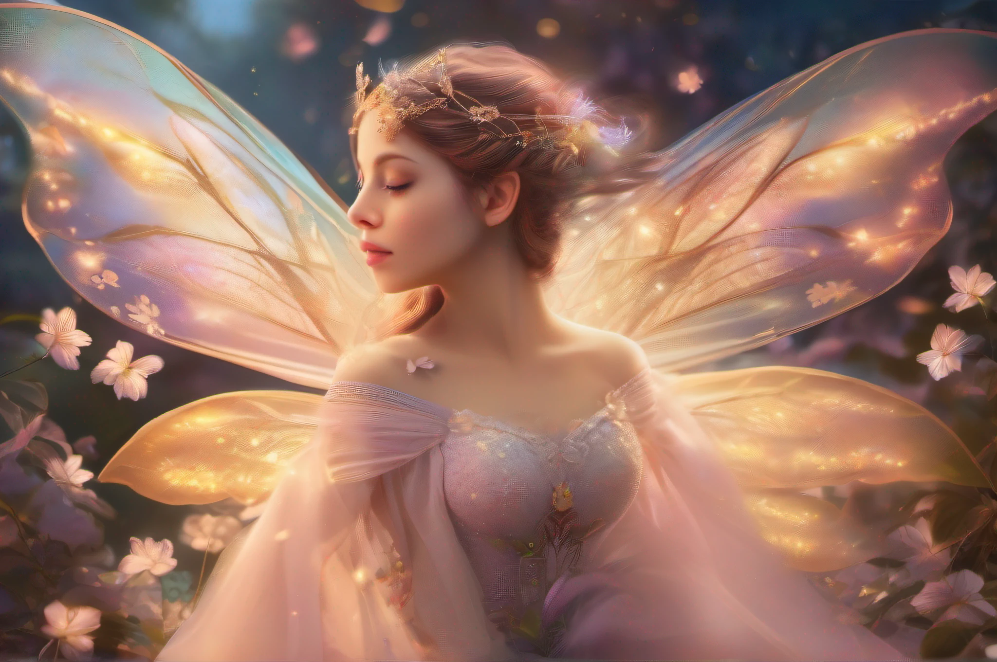 "Envision a mesmerizing portrayal of a captivating 'Flower Fairy'. Showcased with sublime beauty, this masterpiece exudes an ethereal aura. Bring forth intricate details and vibrant colors in a magical atmosphere. Emphasize the delicate features, graceful movements, and enchanting presence of the fairy. Surround her with a blossoming garden, where petals sway in the gentle breeze. Amplify the sense of wonder with soft, dream-like lighting and subtle bokeh effects. Let the fairy's wings shimmer with iridescent tones, radiating a sense of purity and grace. Create a scene that transports viewers to a realm of imagination and serenity."