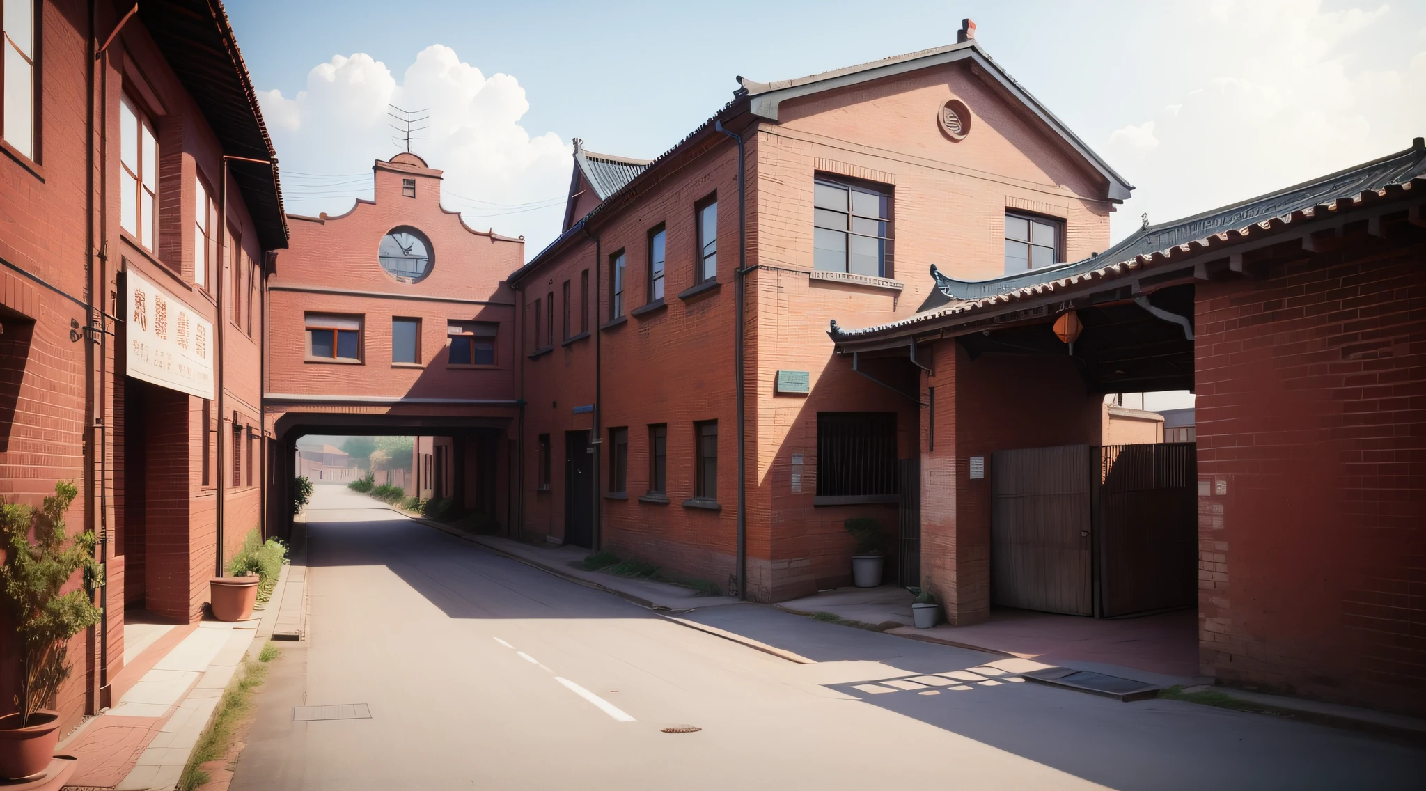 China in the eighties,Wine factory,Prospect factory gate,Red brick factory building in background