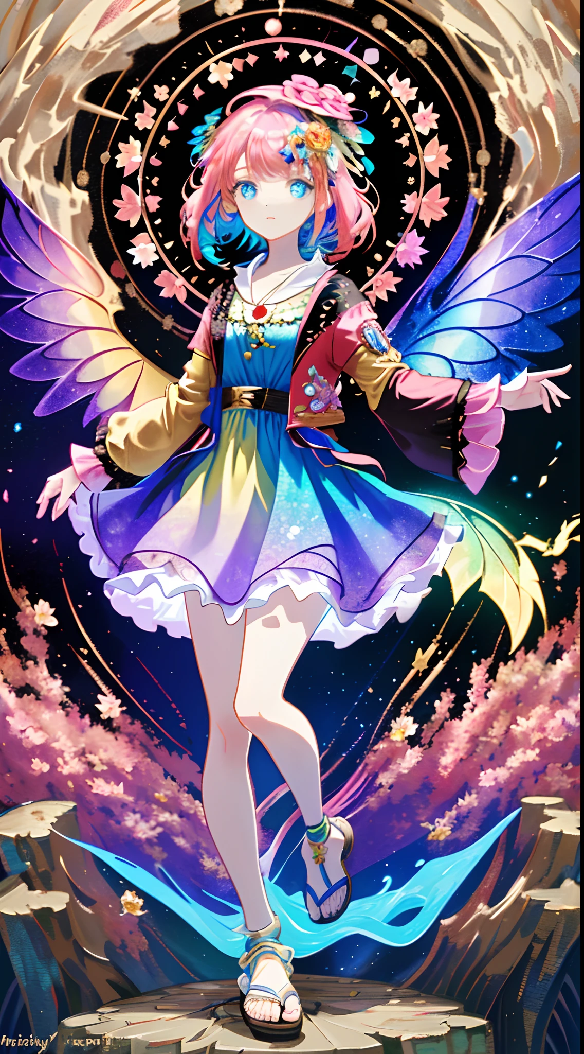 Full body photo，Magic wand，1 cute fairy，[（Transparency）Colorful wings]，redheadwear，Floral hair ornaments，sandals,，pendant，Colorful dresses，Loose-fitting sleeved jacket，rosette，Perfect detailed face,intricately details, trending on artstationh, isometry, hyper HD, super sharp focus, masterpiece of intricate artwork。on rooftop。