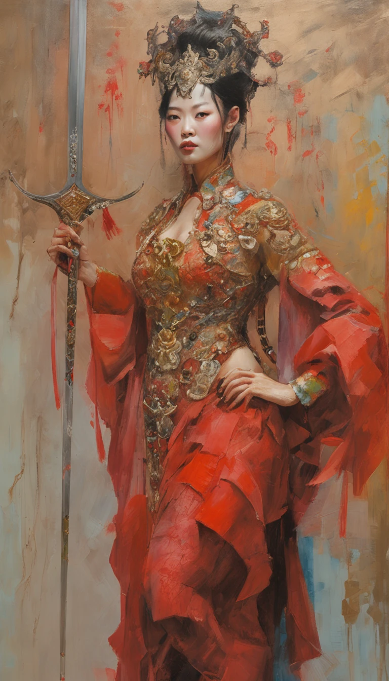 jianjue wanjianguizong 16 k,tmasterpiece,skin textures,Multiple swords,Decorated Costume,an award winning photograph,very detailed ,Amazing Cleavage,intricately details,absurd res,Very detailed woman,very detailed eyes and faces,Dazzling red eyes,detailed outfits,very long sleeves,dingxianghua, QMSJ,Confectionery,Saturated pigments of style,Wes Anderson
