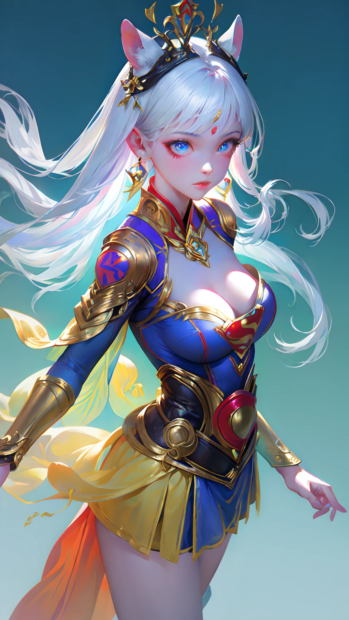Game character, East Asian original art character design, 1girll, Solo,[:(Gradient background:1.5):40],full bodyesbian, Big breasts, Supergirl costume dress