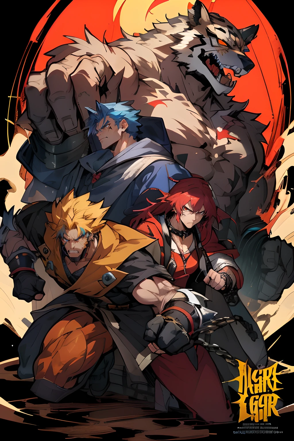 Anime figure, Badass anime 8 K, muscular werewolf, Guilty Gear strives to splash art, Tiger_beast, 4k manga wallpapers, Berserker, as a badass monster hunter,musculature,behemoth,Enslaved,Fierce gaze,the scars,Chains,Collar,male people