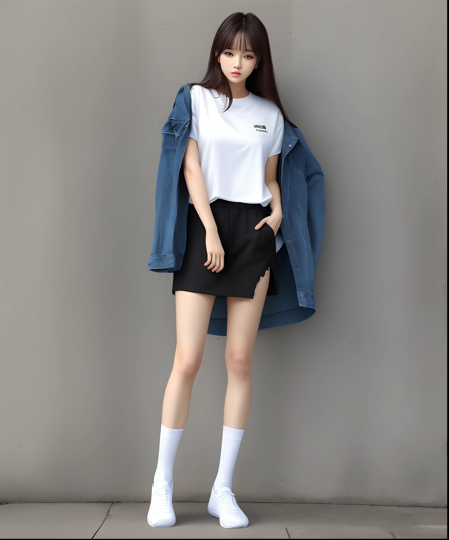 torn outfit，Short white sock legs can be seen through the clothes
