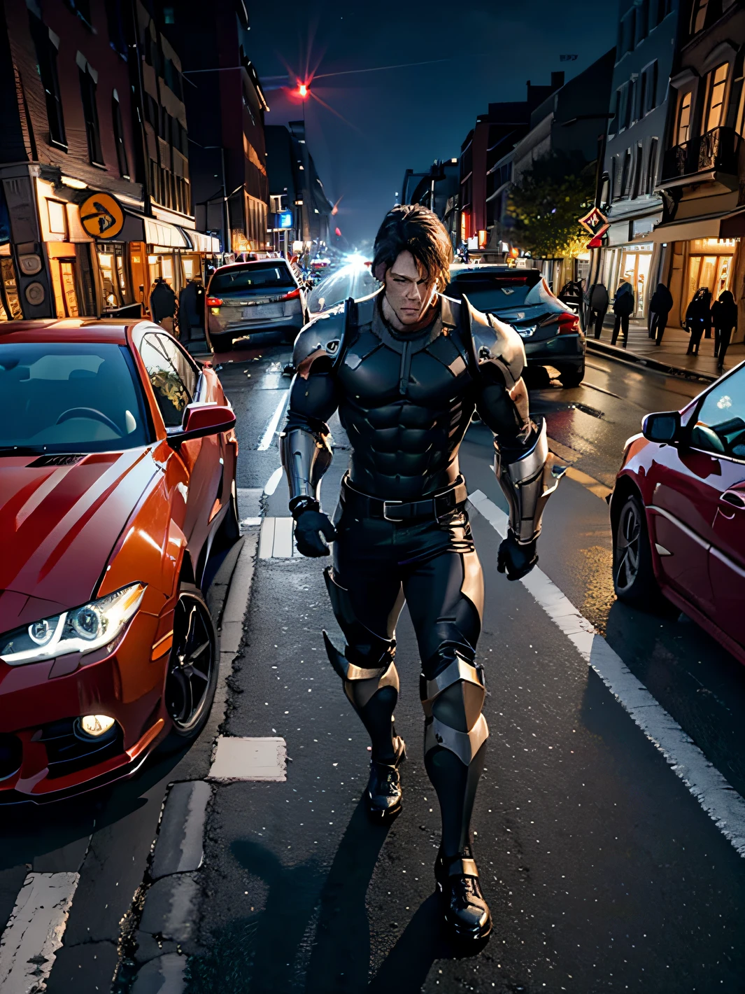 Spectacular，city night scene，block，crossroad，Theatrical lighting，Telescopic shot，Wide-angle lens，A minotaur with extraordinary muscles attacks the protagonist，The scene of the car accident，The black-haired male protagonist is equipped with black mechanical armor, and his right eye lights up red，Walk out of the wreckage，Energy gathering，Delicate and delicate energy，strongcontrast
