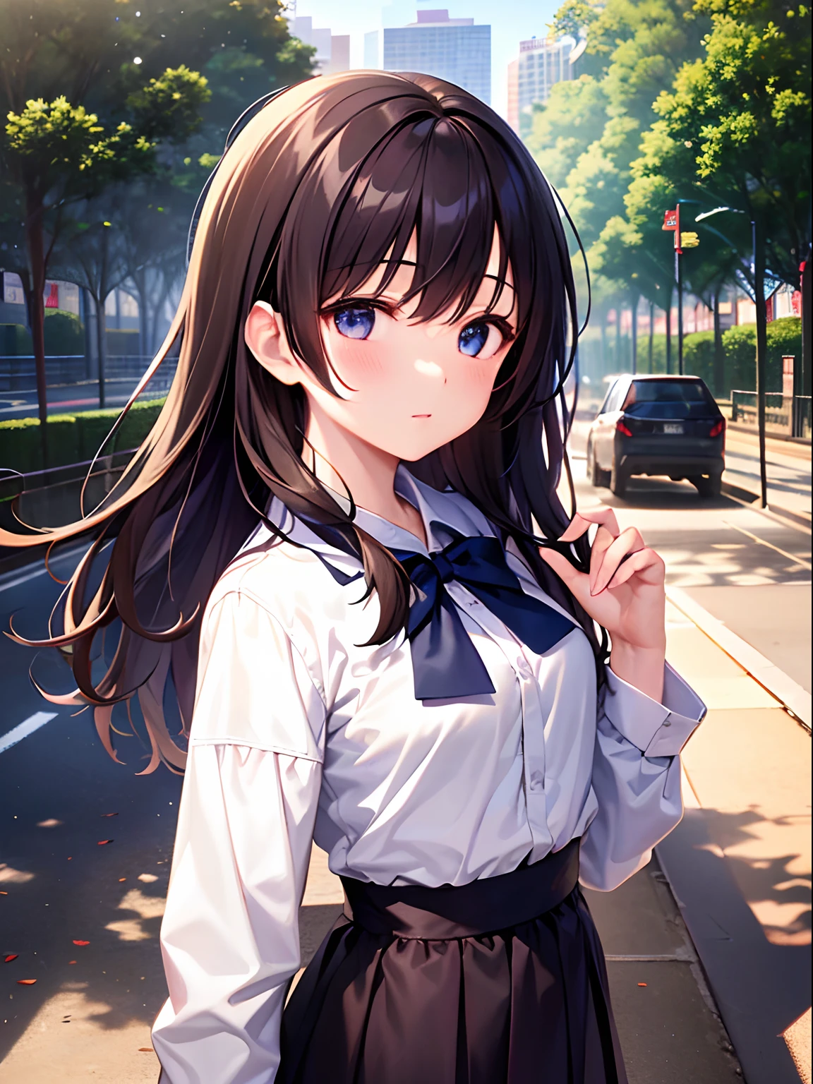 1girl in, 独奏, student clothes, long-sleeve, A dark-haired,Let your hair down,small tits,Pure,Big eyes,skirt grey, red blush, (absurderes), (Hi-Res), looking at the viewers, Walking in the park, (Ultra detailed CG unified 8k wallpaper,​masterpiece, Top image quality, ultra-detailliert)
