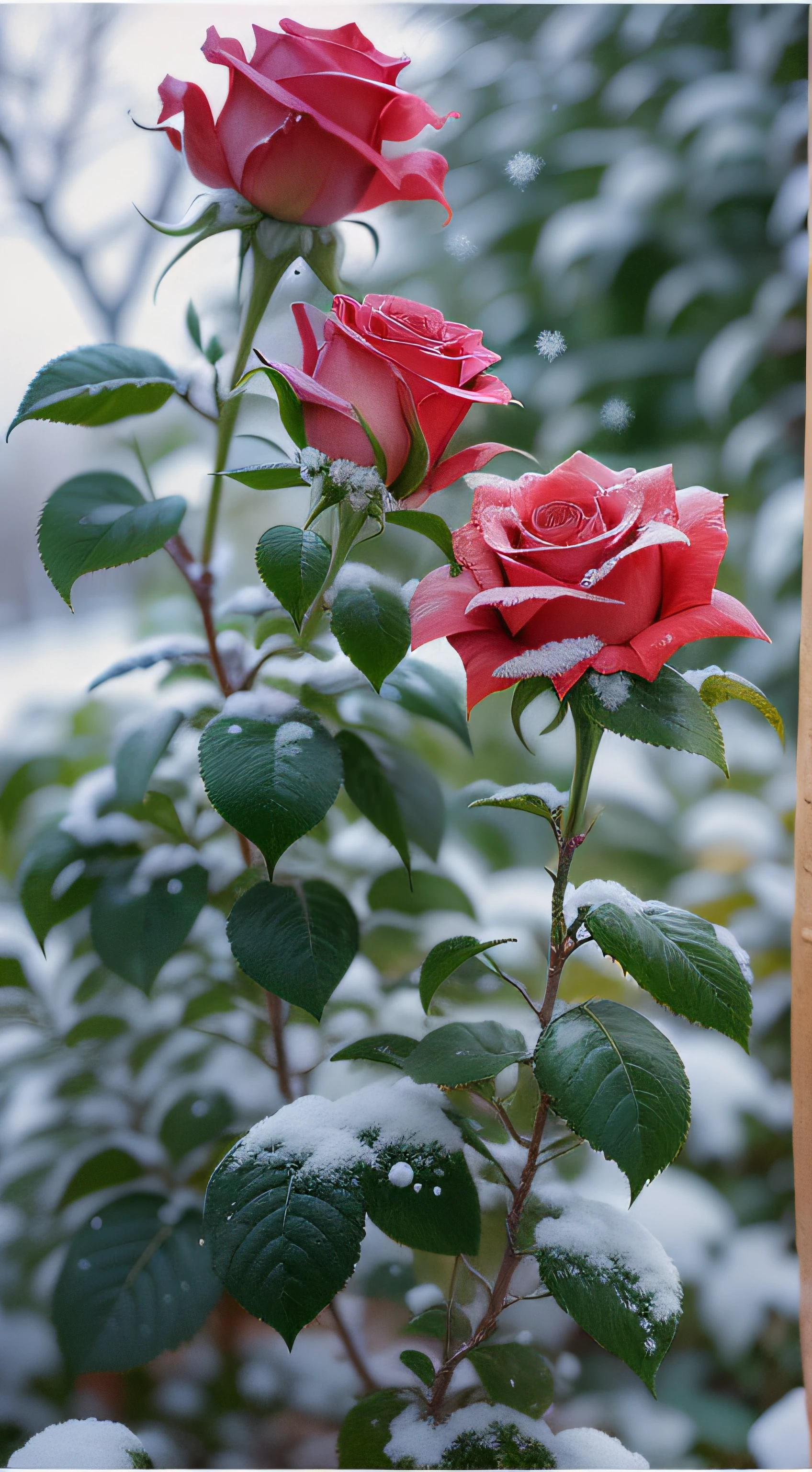 Red roses grow in the bushes, The leaves and petals were covered with dust and snowflakes,shot with a canon 35mm lens, photo of a rose, taken with a pentax k1000, Shot with Pentax 1000, Two 5mm ports, Photographed in Kodak Portera, rose twining, Red rose, 35mm shot