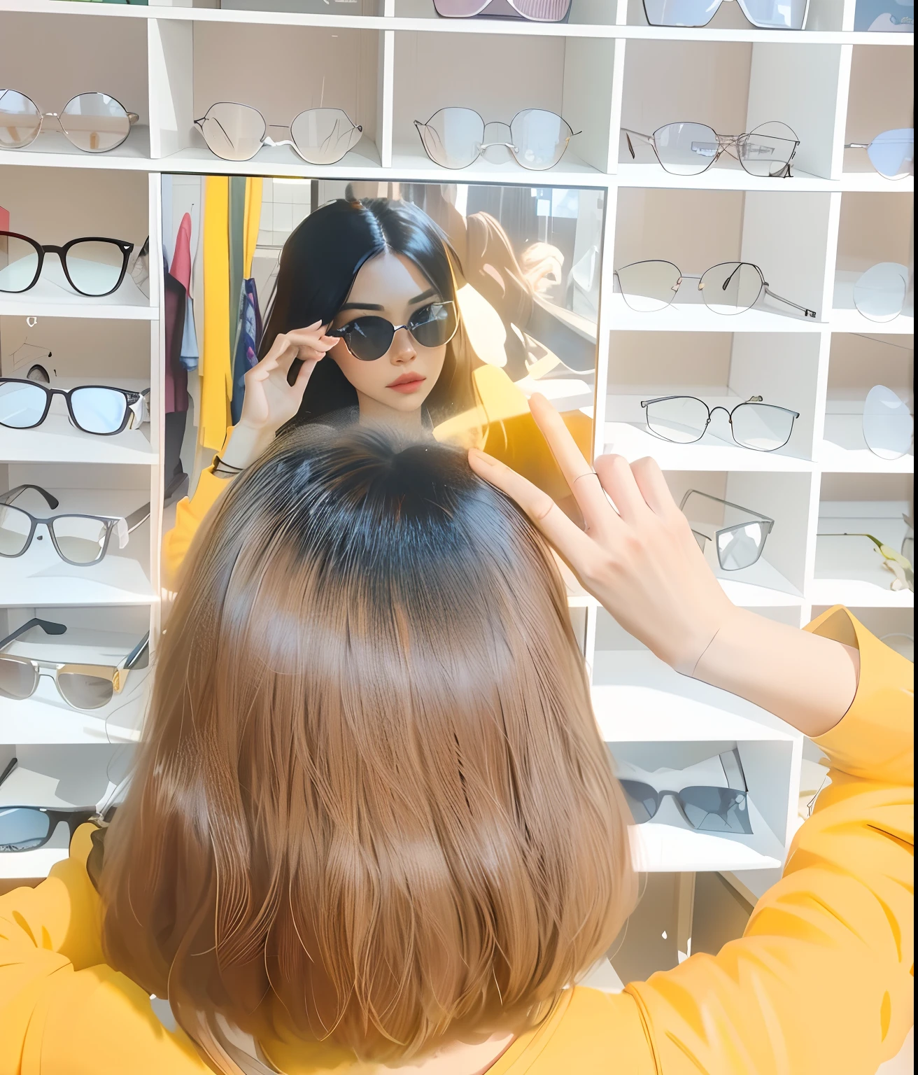 there is a woman that is looking at her reflection in a mirror, with sunglass, some glints and specs, with mirrorshades sunglasses, with lovely look, candid picture, spectacles, 🤬 🤮 💕 🎀, low quality video, glasses without frames, eye relections, sun glasses, with sunglasses, 🪔 🎨;🌞🌄