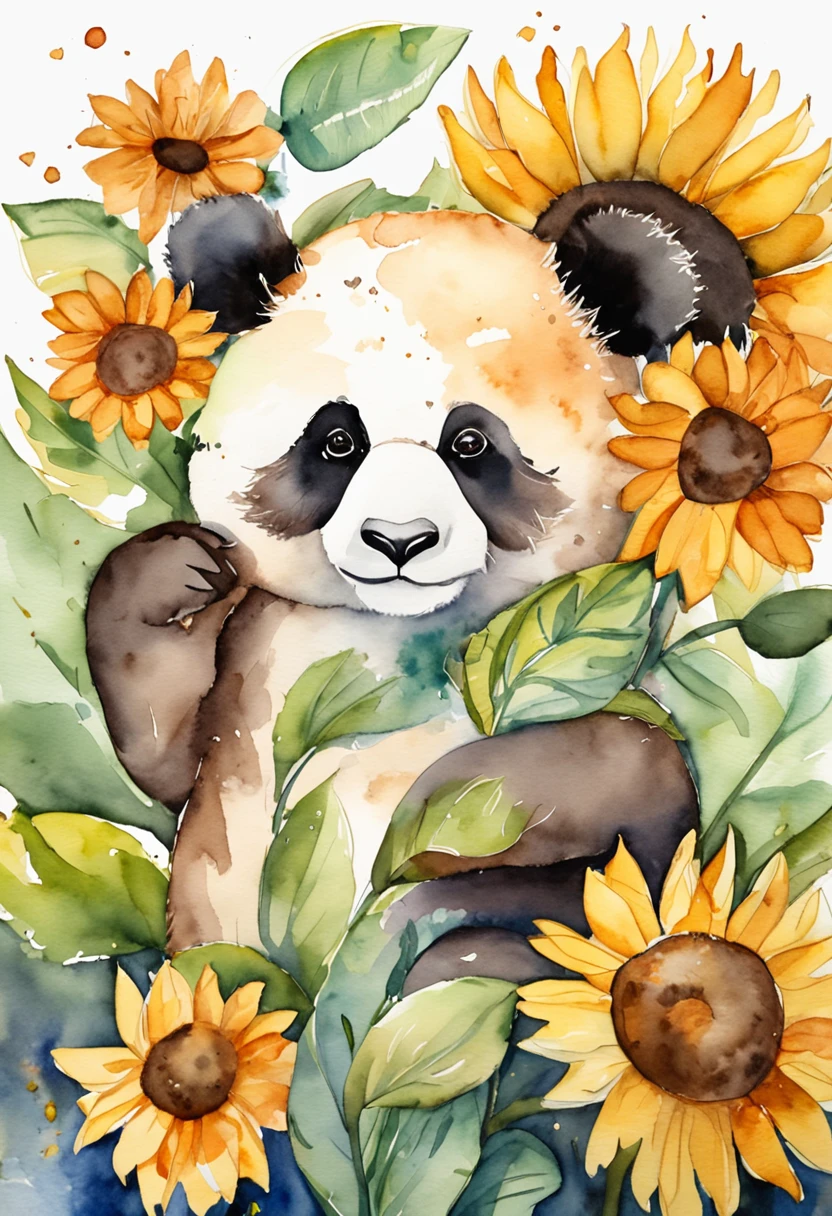 A cute panda,Sunflowers are worn on the head,Positive perspective,