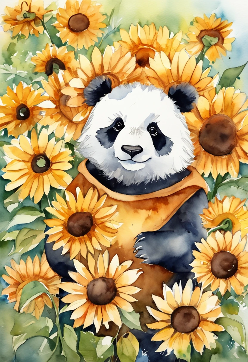 A cute panda,Sunflowers are worn on the head,Positive perspective,