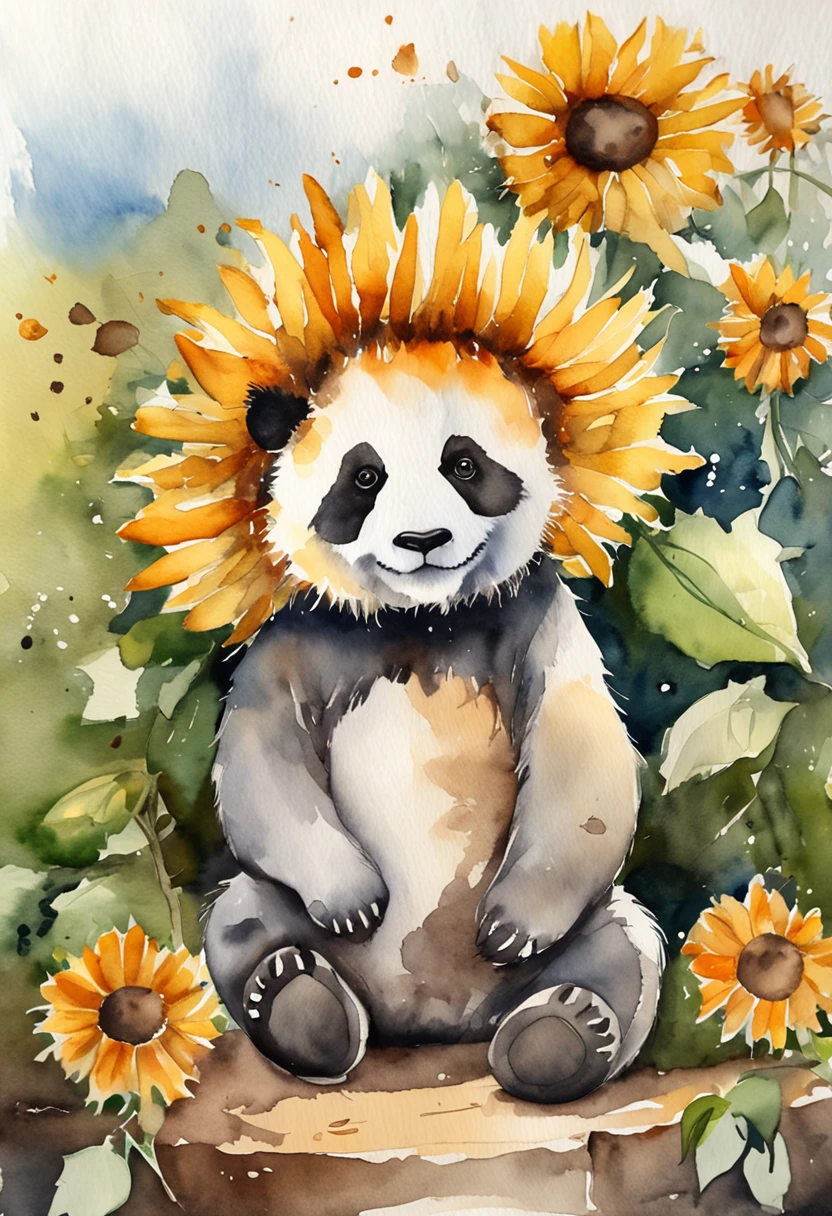 A cute panda,Sunflowers are worn on the head,Positive perspective,