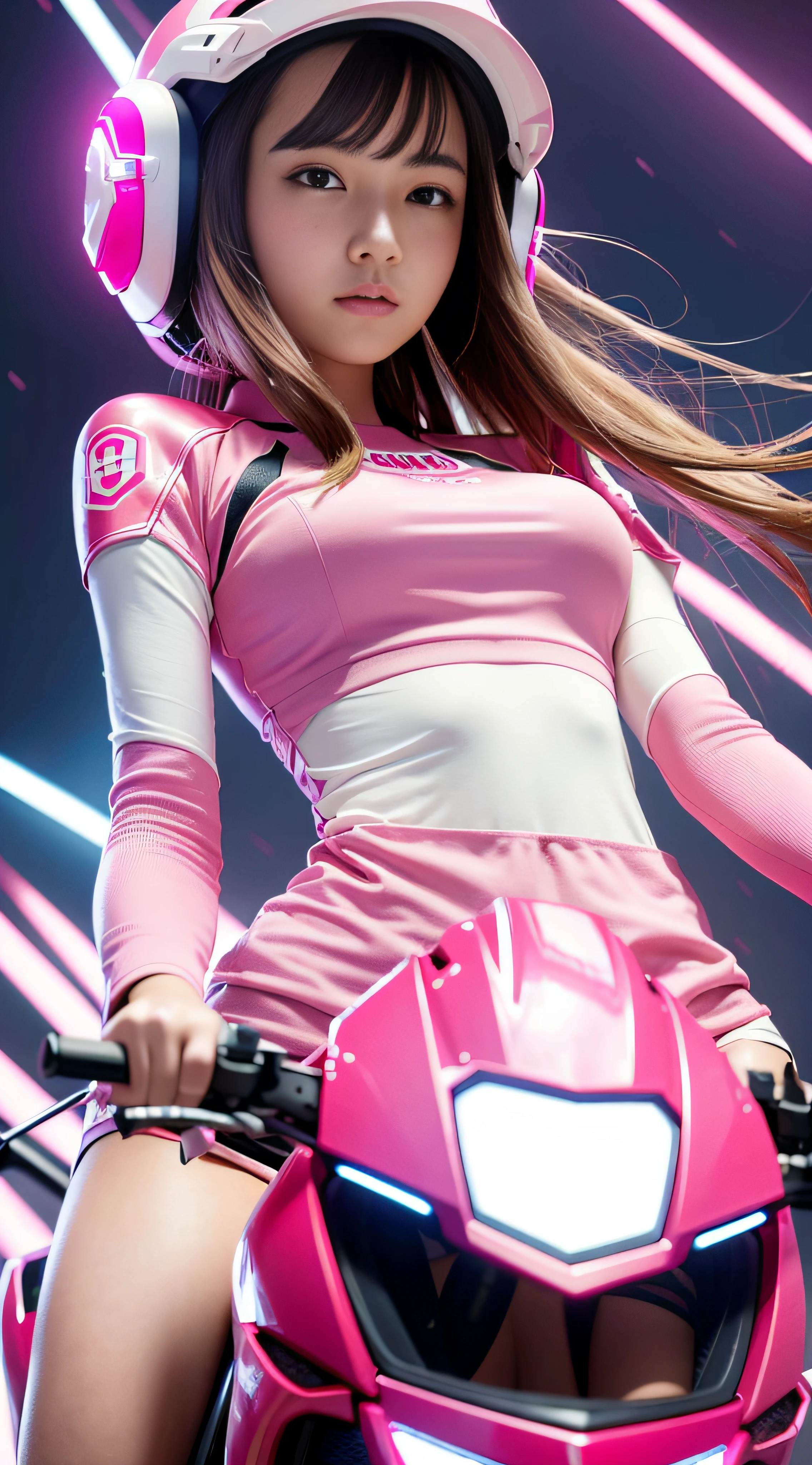 Highest quality, outstanding detail, ultra-high resolution, (fidelity: 1.4), best illustration, favor details, highly condensed 1girl, with a delicate and beautiful face, wearing a pink mecha, wearing a mecha helmet, holding a direction controller, riding on a motorcycle, the background is a high-tech neon scene of the future city.
