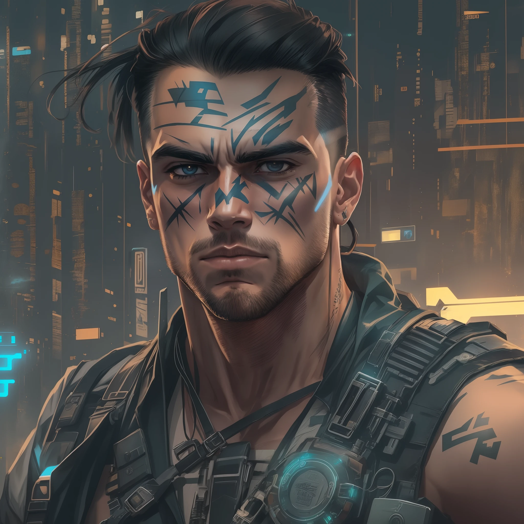 A young man, Masterpiece, Best Quality, Bolsonaro, In a cyberpunk costume, athletic, Scars, warrior, barbarian, SFW, 15 years, Futuristic dystopia