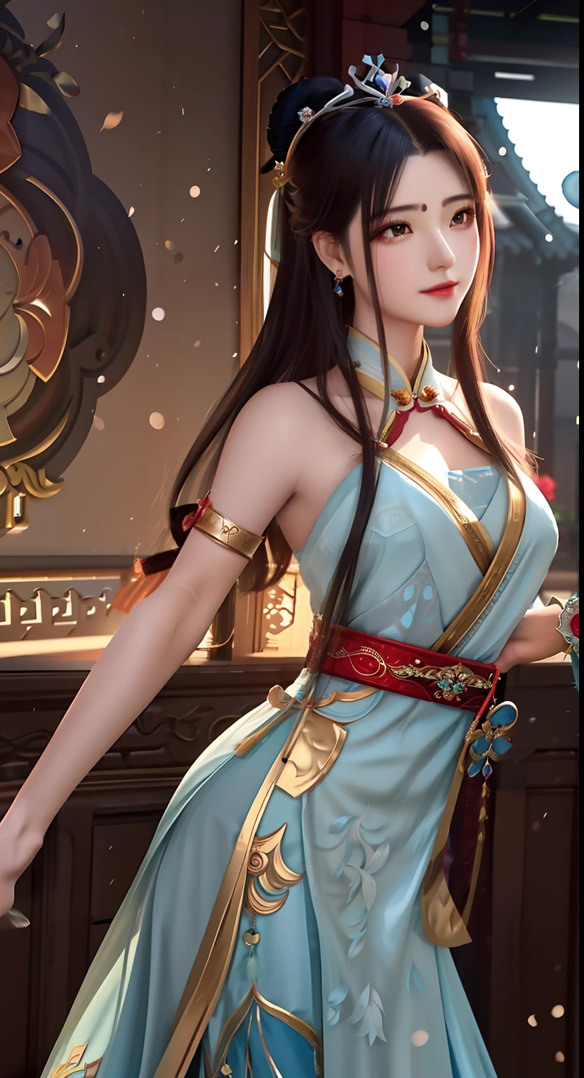 a woman in a blue dress is posing for a picture, a beautiful fantasy empress, ((a beautiful fantasy empress)), full-body xianxia, Beautiful goddess, Anime goddess, Keqing from Genshin Impact, Palace ， A girl in Hanfu, trending on cgstation, by Yang J, zhongli from genshin impact, beautiful teenage girl