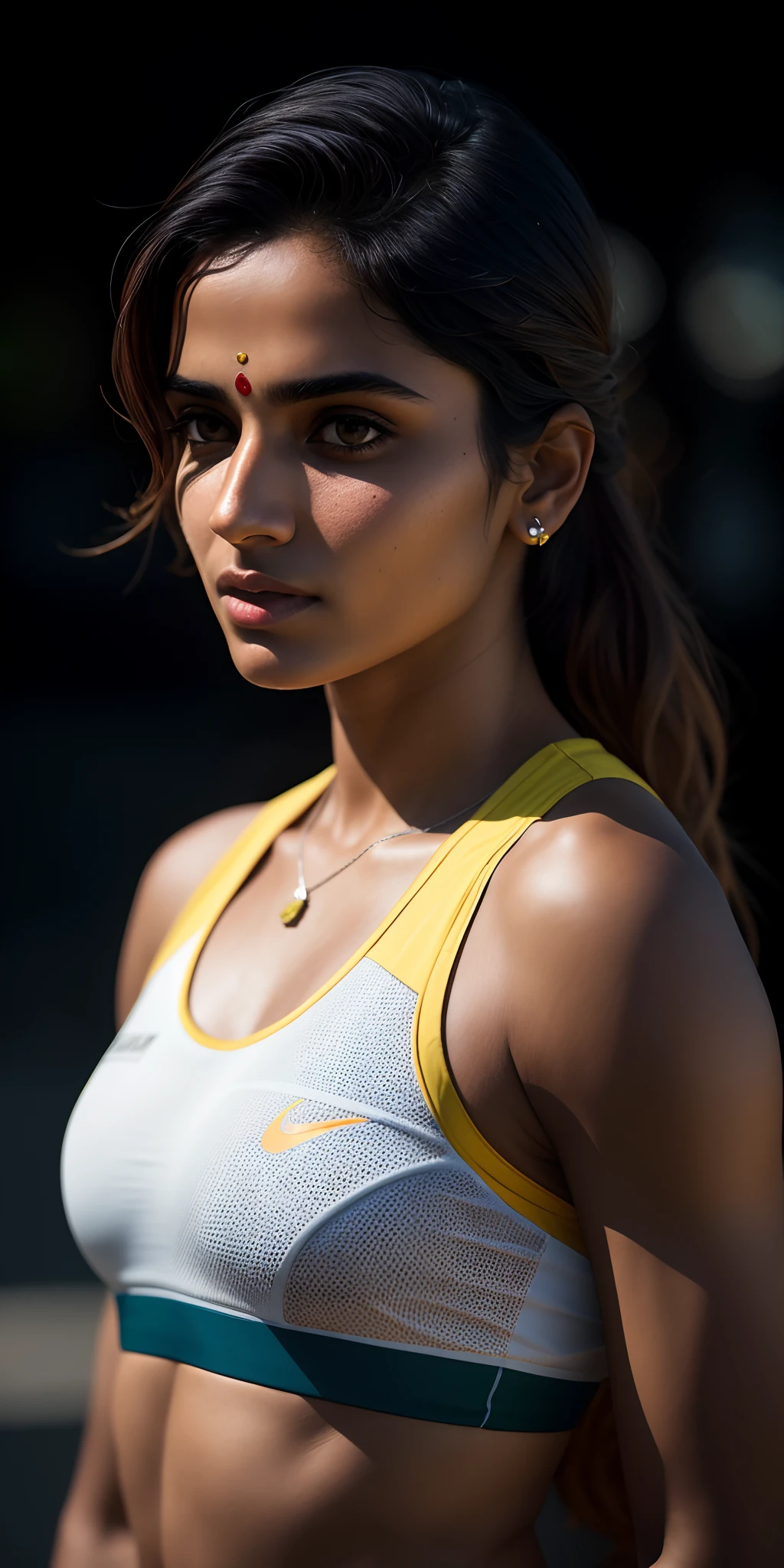 Beautiful mature Indian college student, wearing athletics suit, outside the track field, ((slim, petite)), photorealism, photorealism, masterpiece, realism, realism, photorealism, photorealistic digital art trends in Artstation 8k HD detailed realistic, detailed, skin texture, ultra-detailed, realistic skin texture, armature, best quality, super high resolution, (realism: 1.4),, high resolution, detailed, raw photo, sharp, by Lee Jeffries Nikon D850 Film Stock Photograph 4 Kodak Portra 400 Camera F1.6 Lens Rich colors Ultra-realistic realistic textures Dramatic lighting UnrealEngine ArtStation CineStill 800 trend,